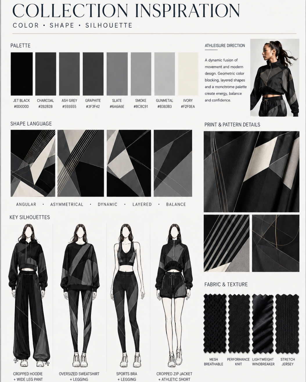 Design board with black, gray, and white color palette in hex codes, geometric shape patterns including angular, asymmetrical, layered, and balanced styles, four key silhouettes featuring sporty and casual outfits, fabric and texture swatches includi