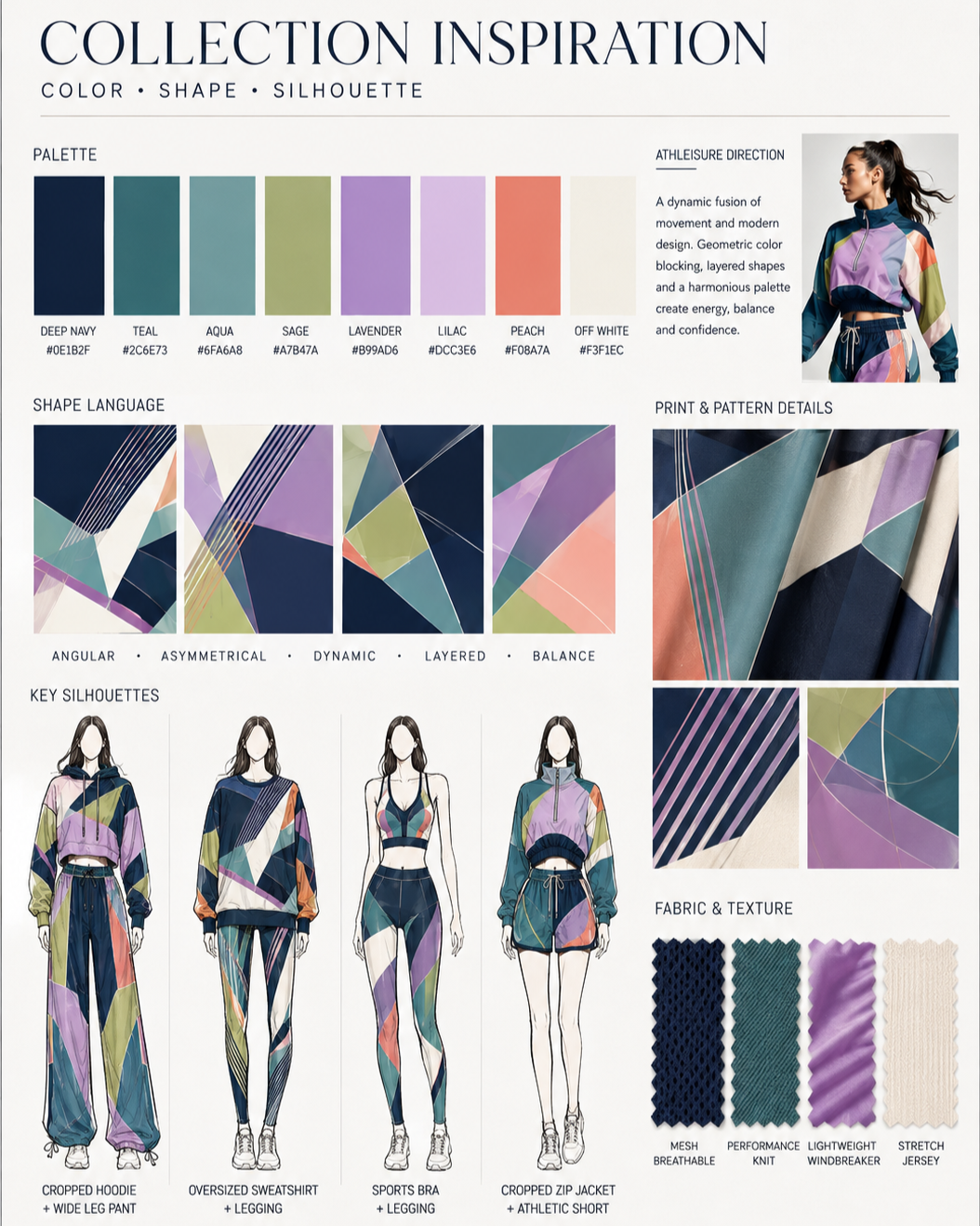A style board featuring a color palette with deep navy, teal, aqua, sage, lavender, lilac, peach, and off-white; geometric shapes and layered patterns; key silhouettes of women in athleticwear and streetwear with vibrant, abstract prints; fabric text