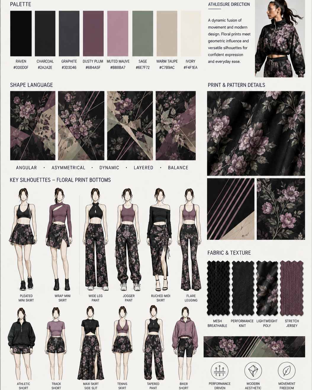 Color palette with shades: Raven, Charcoal, Graphite, Dusty Plum, Muted Mauve, Sage, Warm Taupe, Ivory; Models showcasing athletic wear, skirts, pants, and jackets with floral and geometric prints made from various fabrics.