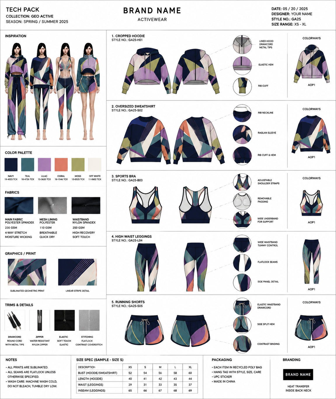 Illustration of various activewear clothing pieces including long sleeve tops, leggings, sports bras, shorts, and pants for women, with a central fashion model showing an athletic outfit.