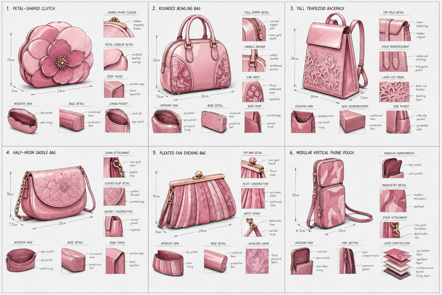 Technical illustration of six different pink handbags, each with detailed measurements and construction features, labeled with descriptions of parts such as zippers, pockets, handles, and decorative elements.