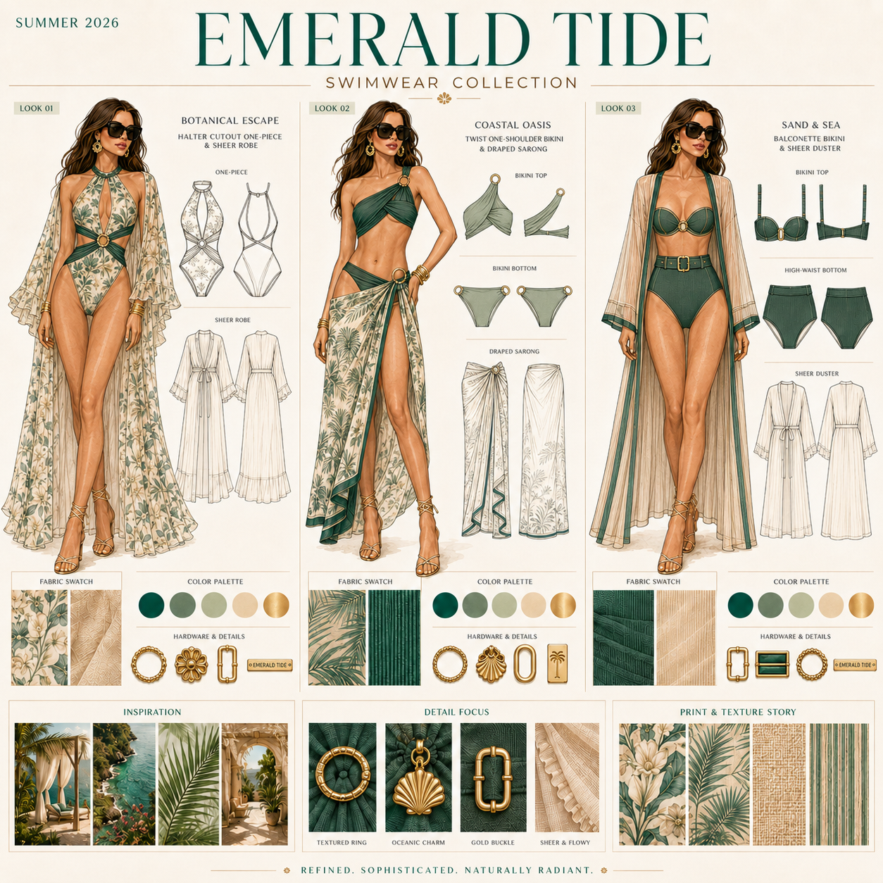 A fashion chart for Emerald Tide's Summer 2026 swimwear collection, featuring three models in green-themed swimsuits and cover-ups, with detailed fabric swatches, color palettes, jewelry, inspiration images, and texture stories.