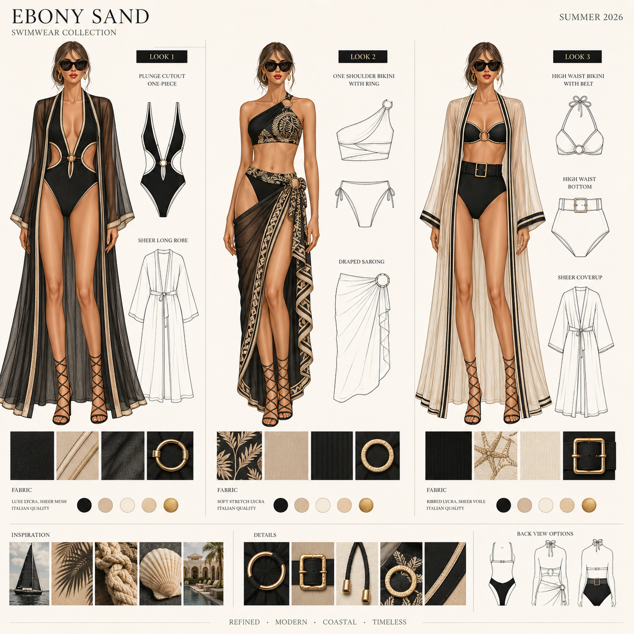 Swimwear collection catalog for Ebony Sand Summer 2026 featuring three black and gold swimsuits with sheer cover-ups, each styled with different accessories and fabric details, accompanied by sketches, fabric swatches, and inspiration images.