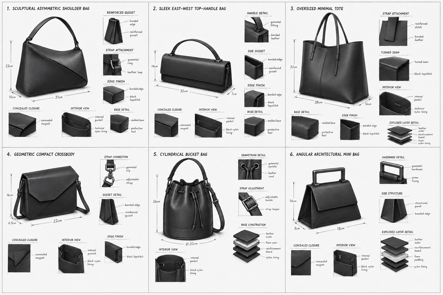 Diagram showing six different types of handbags with detailed measurements and construction features, including sculptural asymmetric shoulder bag, sleek east-west top-handle bag, oversized minimal tote, geometric compact crossbody, cylindrical bucke