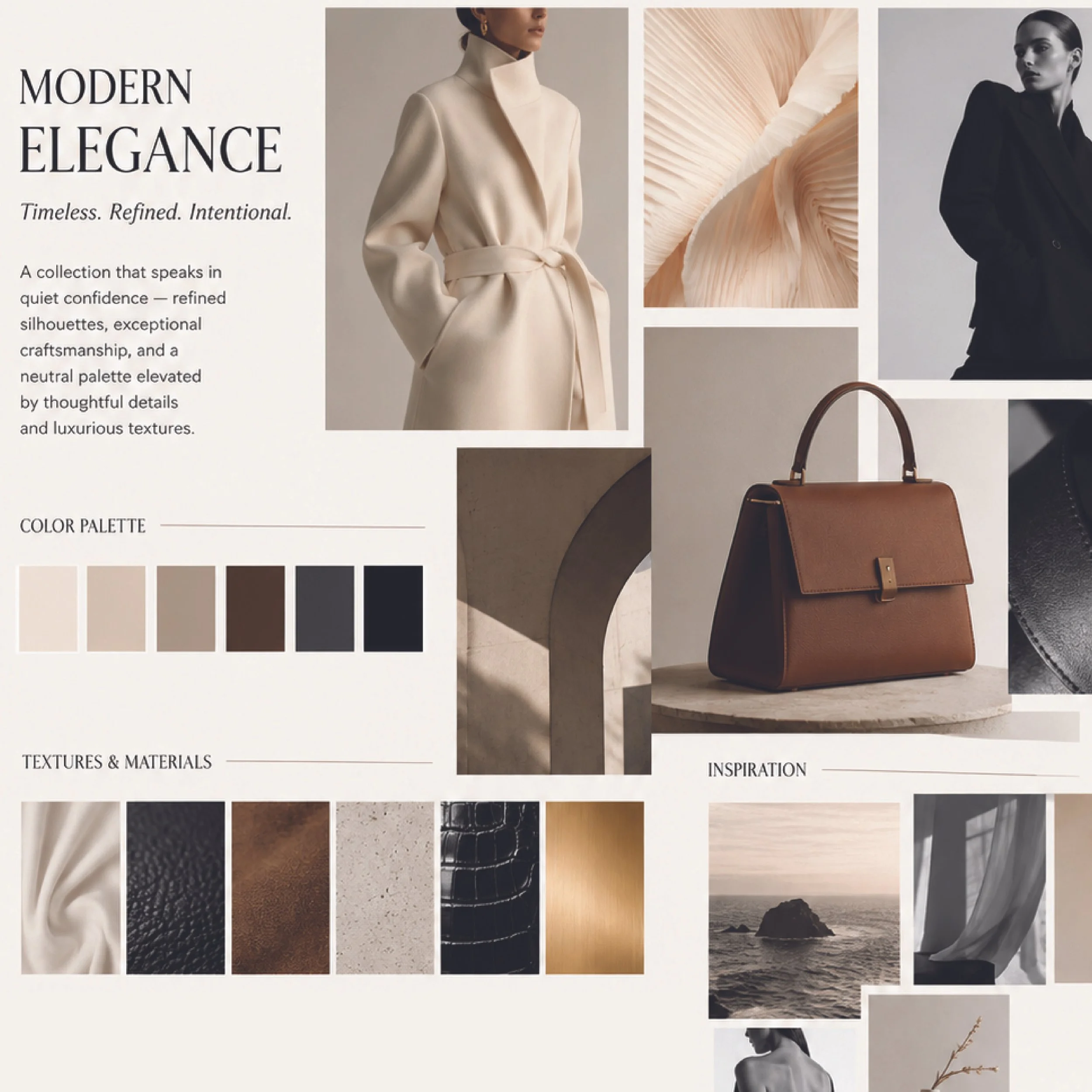 A mood board showcasing fashion and design inspiration, featuring neutral and earthy tones, textures, and materials including fabric swatches, clothing images, and a handbag.