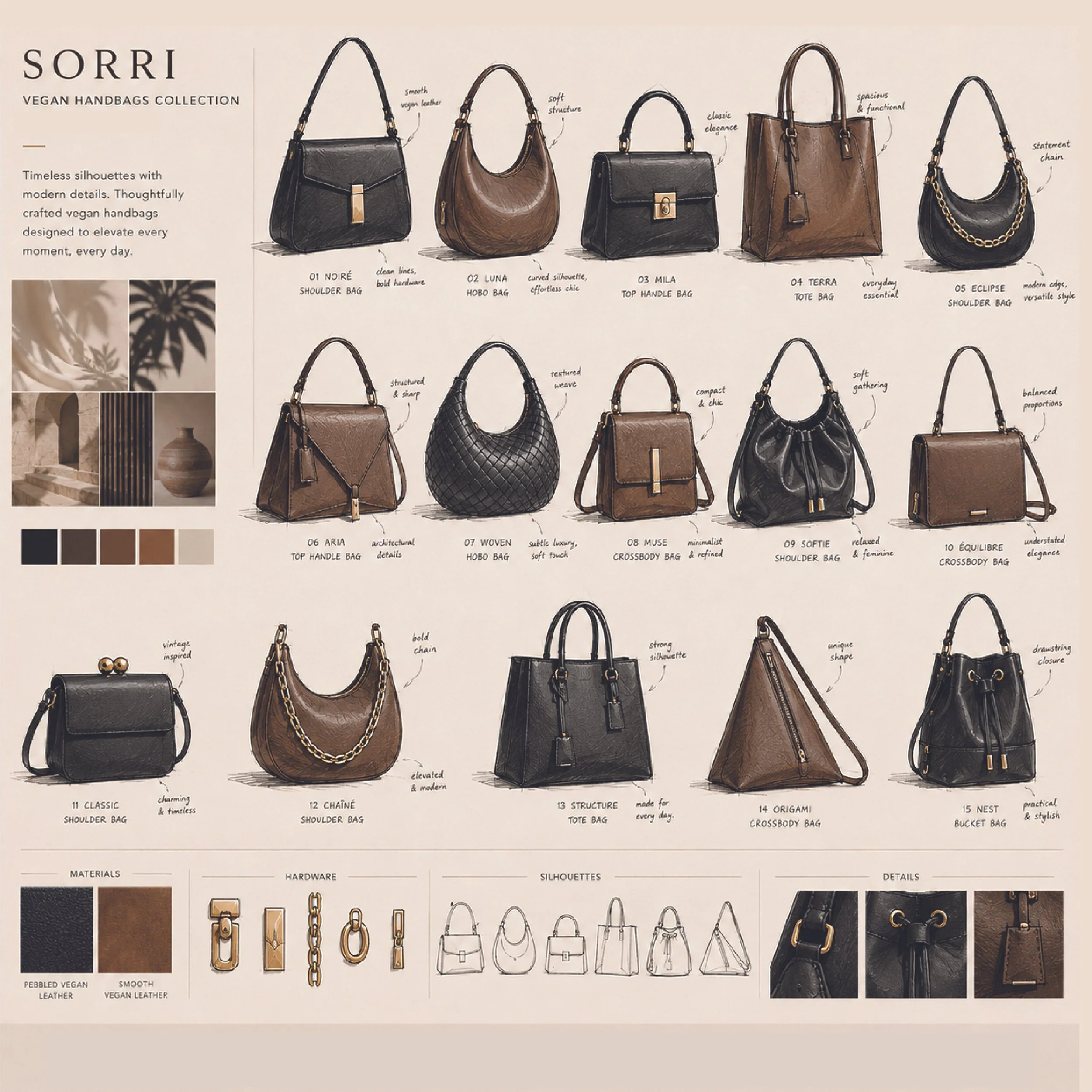 A display chart of various vegan handbags with illustrations and descriptions, elements include different bag styles such as shoulder bags, tote bags, crossbody bags, and bucket bags, with details about design, materials, hardware, and silhouettes.