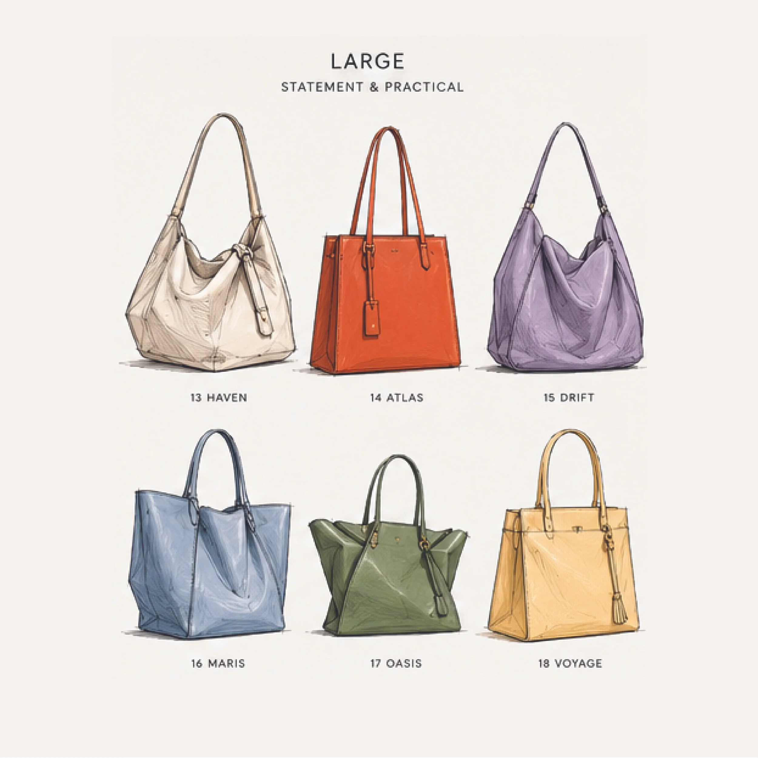 Illustration of five tote bags in different colors, labeled from left to right as Haven, Atlas, Drift, Maris, Oasis, and Voyage.