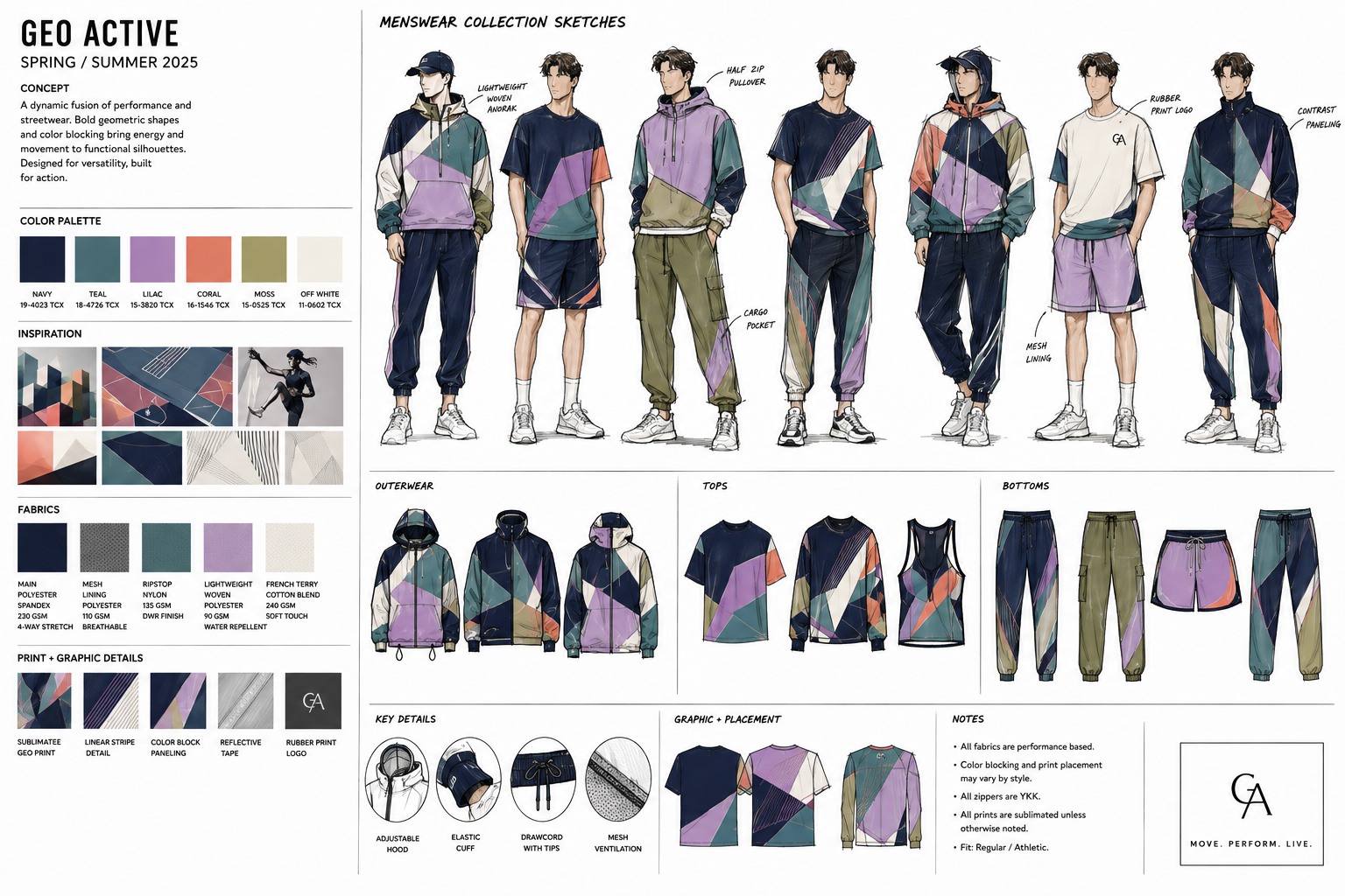 Design concept sheet for GEO ACTIVE spring/summer 2025 menswear collection featuring sketches of sporty apparel with geometric patterns in navy, teal, lilac, coral, moss, and off-white. Includes outerwear, tops, and bottoms, fabric details, graphic d