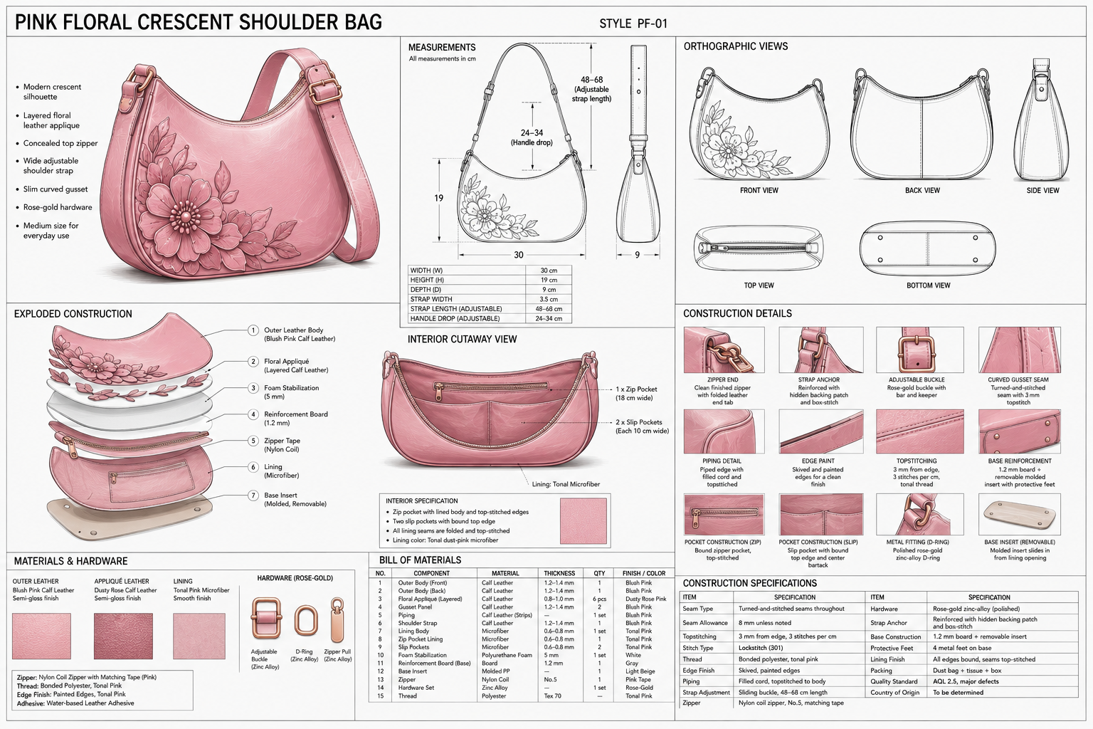 Design schematic of a pink floral crescent shoulder bag, showing front, back, side, top, and bottom views, with detailed measurements, exploded construction view, interior layout, construction details, materials, hardware, and specifications.