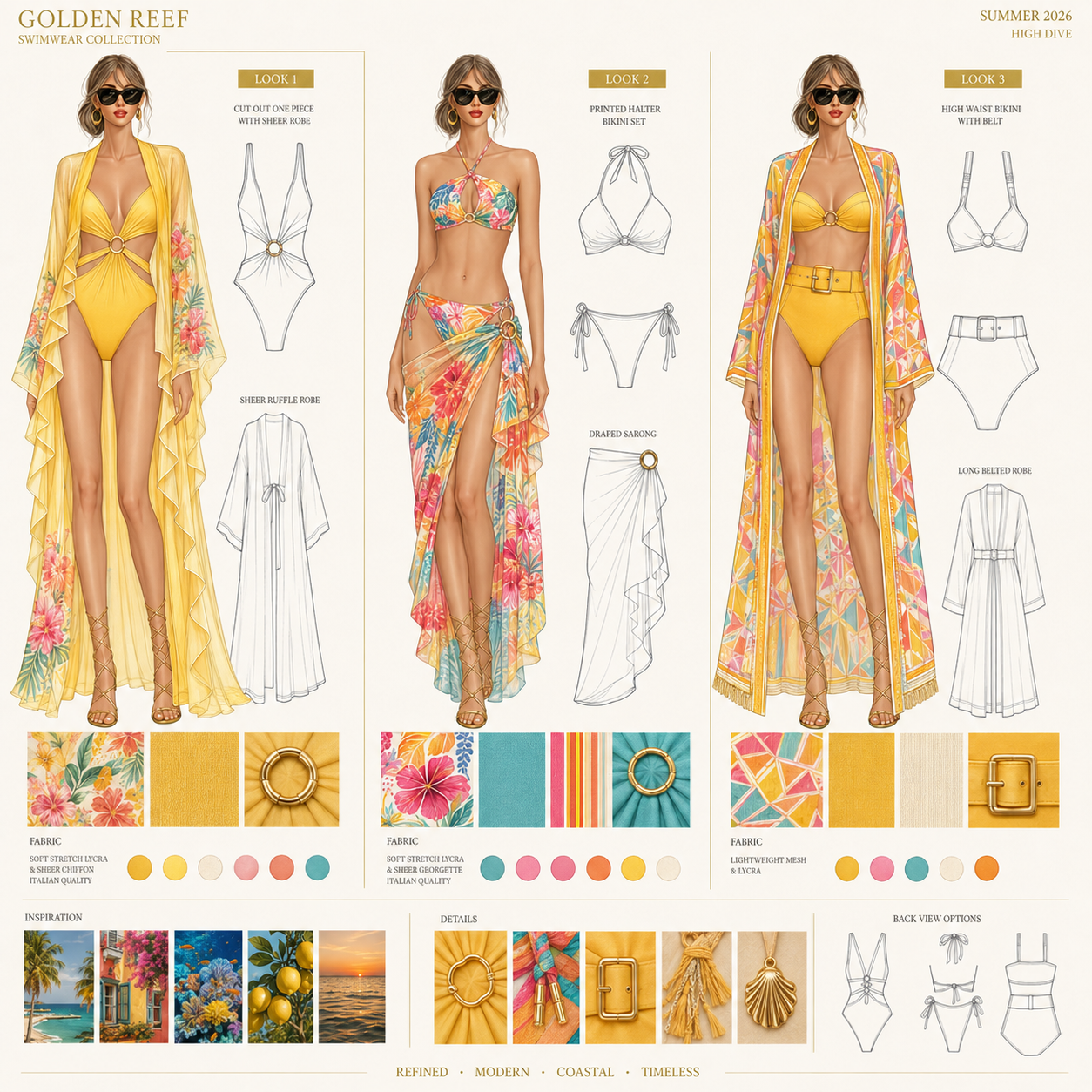 Fashion illustration of three women wearing yellow swimwear with floral cover-ups and accessories, showcasing a summer swimwear collection with detailed sketches and fabric swatches.