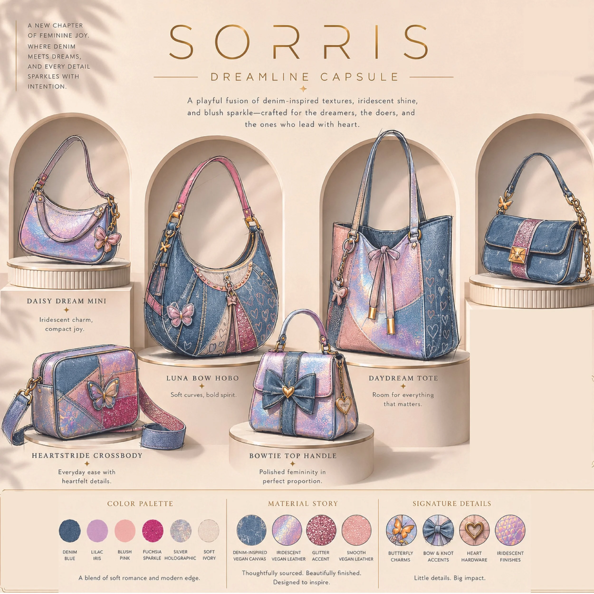 Display of handbags and accessories with descriptions of their styles, materials, and signatures, including Daisy Dream Mini, Luna Bow Hobo, Heartstride Crossbody, Bowtie Top Handle, and Daydream Tote.