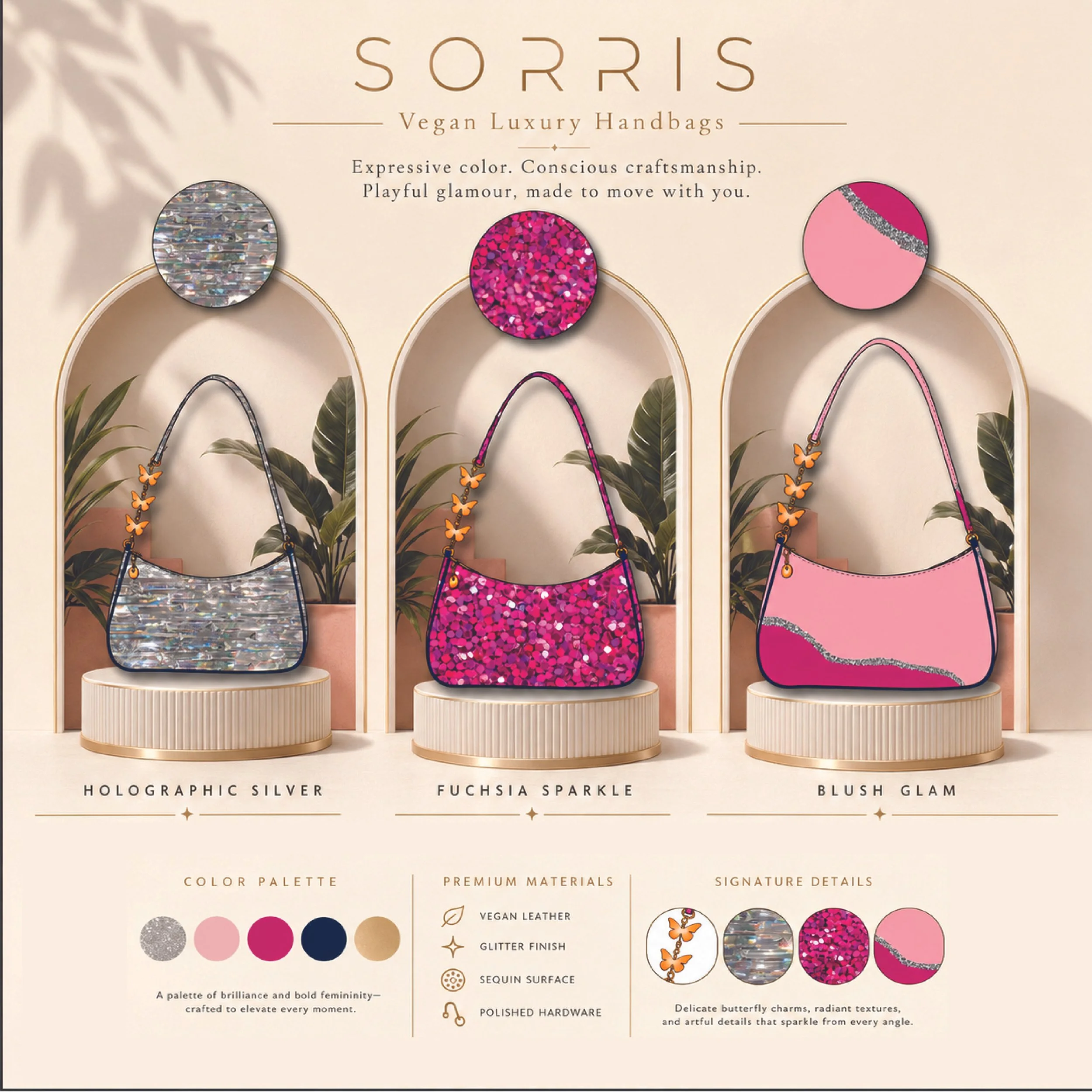 Display of three designer handbags with each in a different style and color, labeled as holographic silver, fuchsia sparkle, and blush glam, set against a neutral background with decorative foliage and gold accents.