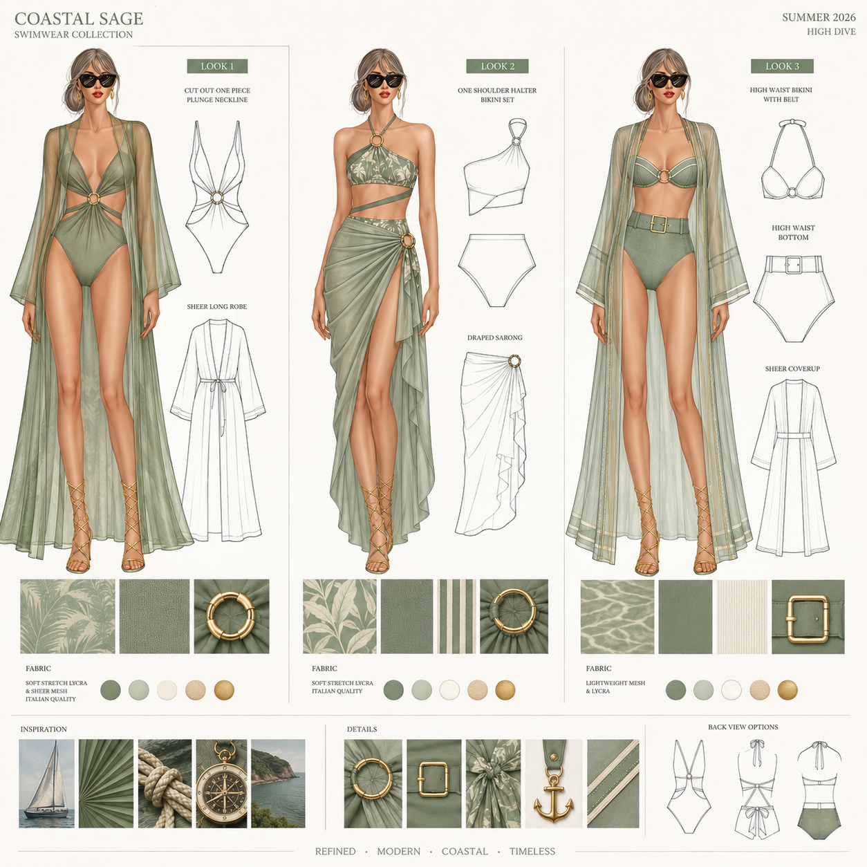 Design sheet for Coastal Sage swimwear collection featuring three swimsuit and cover-up looks with sketches, fabric swatches, and inspiration images, all in muted green tones.