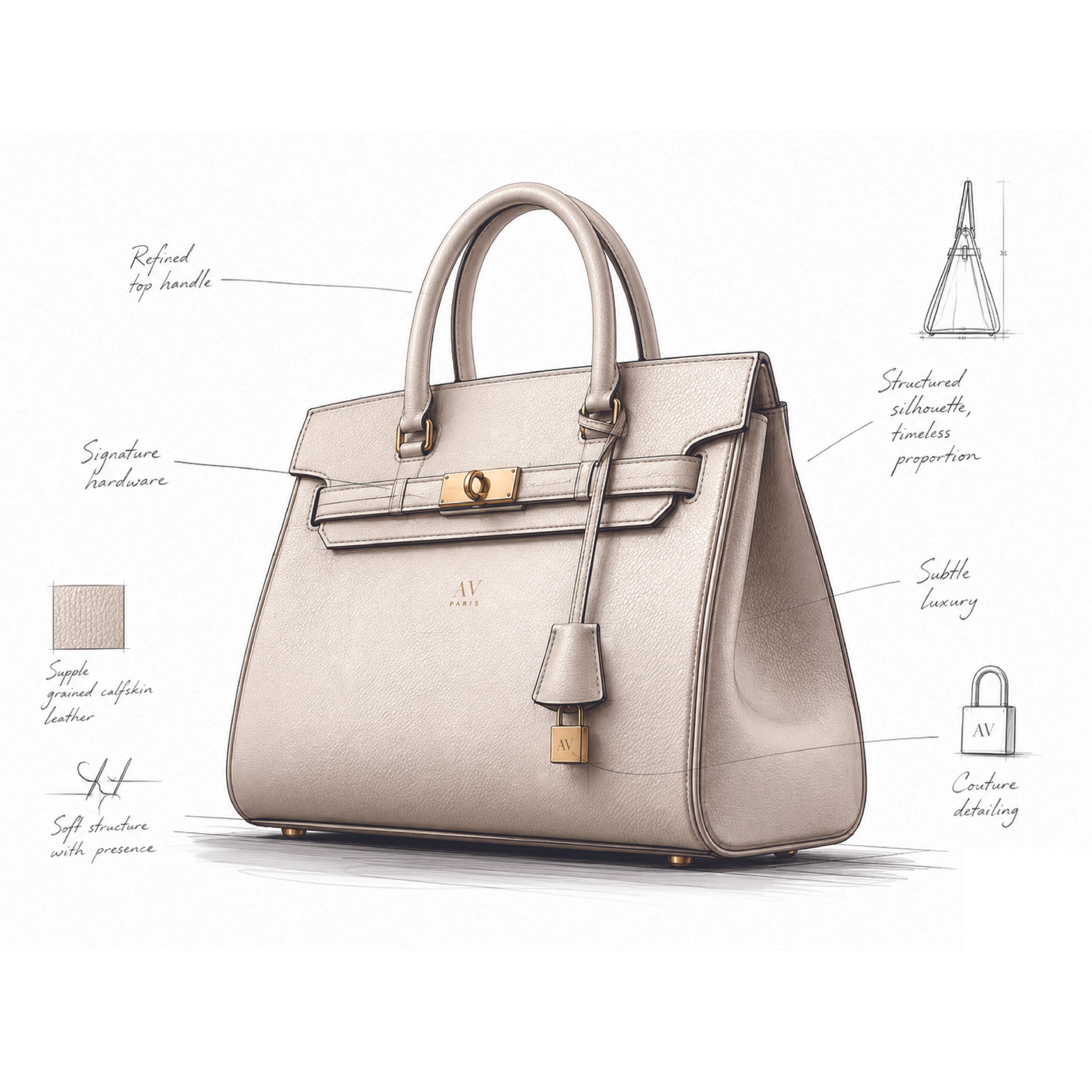 Detailed sketch of a beige handbag highlighting design features such as refined handle, structured silhouette, subtle luxury details, signature hardware, soft leather structure, and couture detailing.