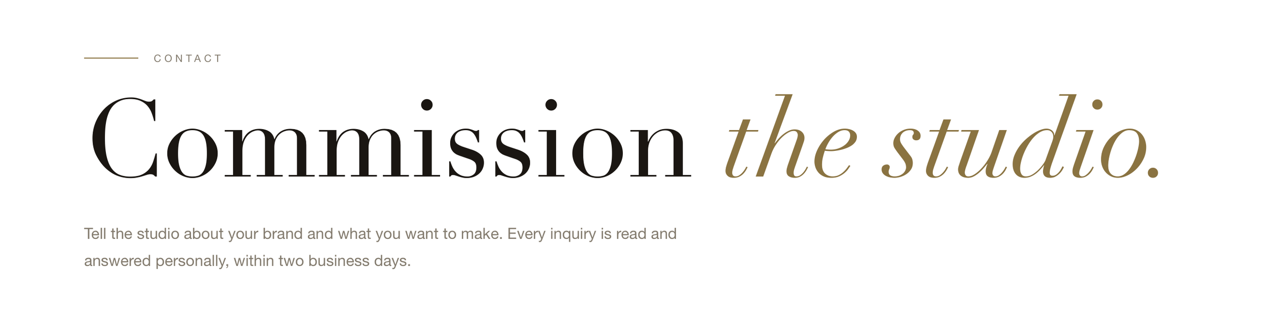 A website homepage with the title "Commission the studio" and a subtext about branding inquiries, featuring minimalistic design and a predominantly white background.