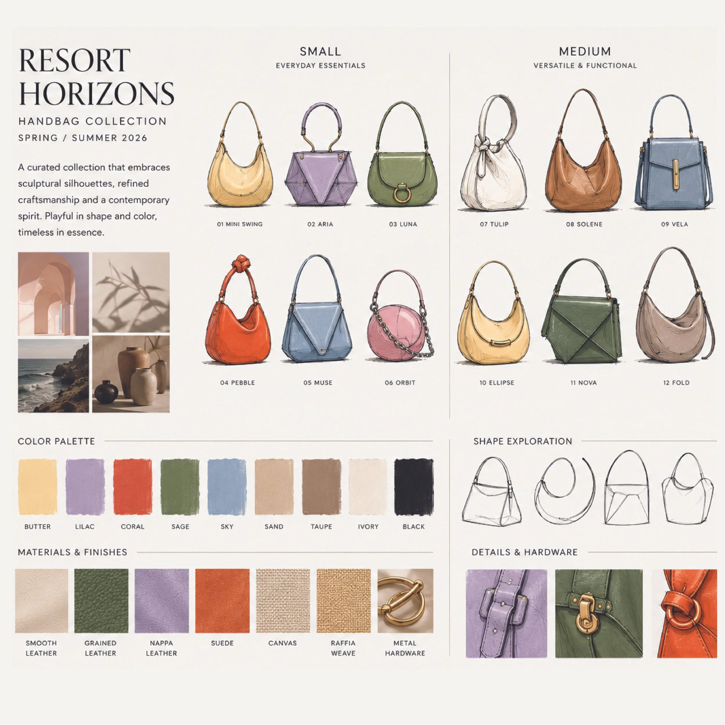 A collection display of handbags categorized by size small and medium, with different shapes and colors, with accompanying material and finish options displayed below.