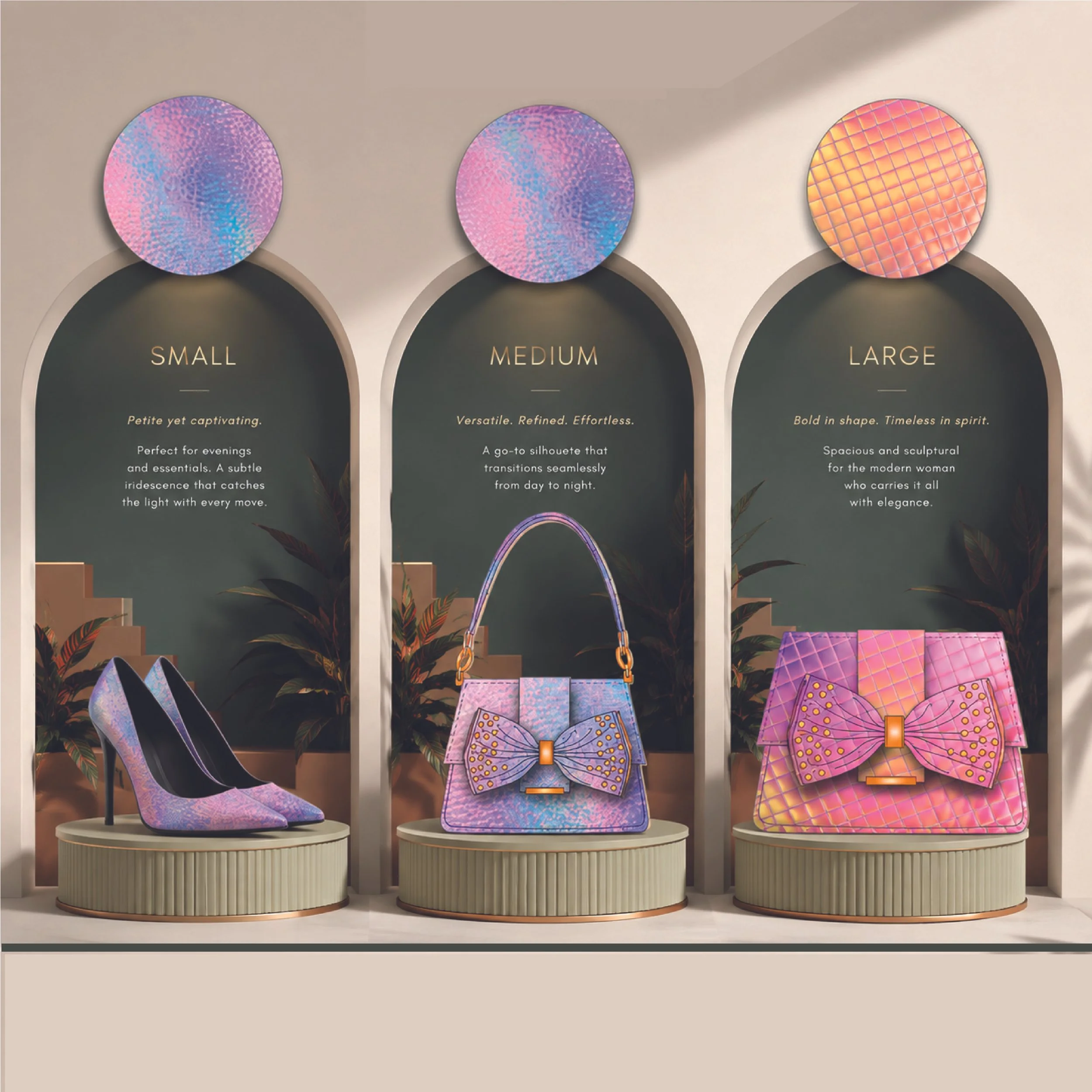 Display of three women's shoes and handbags behind a beige counter with product descriptions and details.