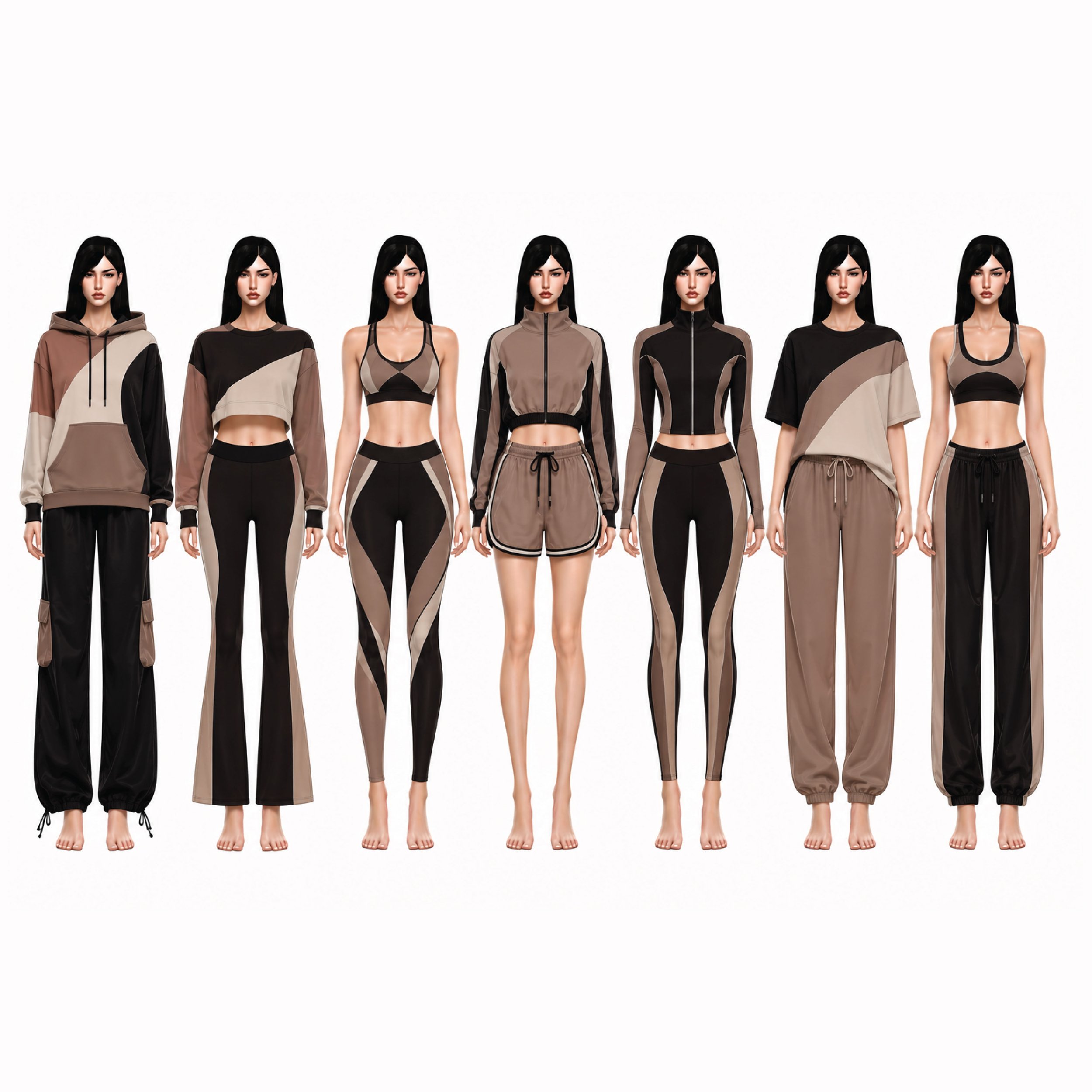 Nine digital illustrations of female figures wearing various modern, colorful outfits, arranged in three groups on backgrounds of different colors.