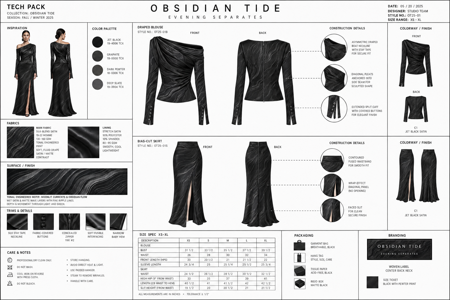 Design tech pack for Obsidian Tide collection, featuring black satin evening separates with draped blouses, bias-cut skirts, and a back view, including fabric details, construction, color options, and sizing.