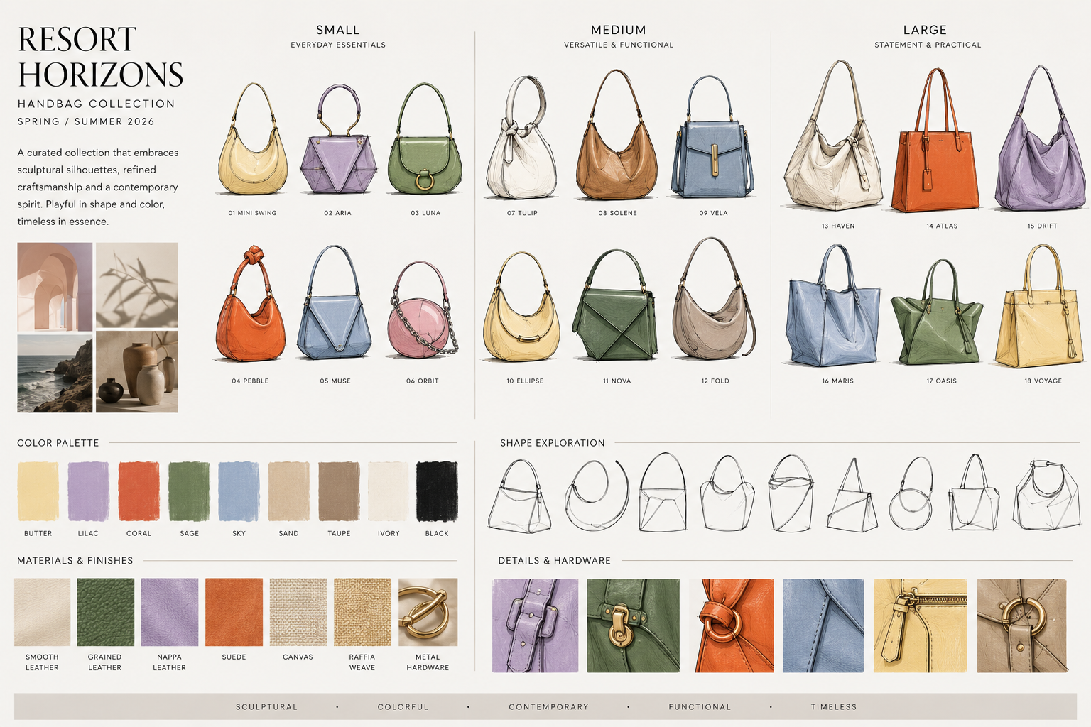Display of three vegan handbags with butterfly embellishments, each with different designs and colors, on a pedestal with a plant backdrop and the brand name 'SORRIS' at the bottom.