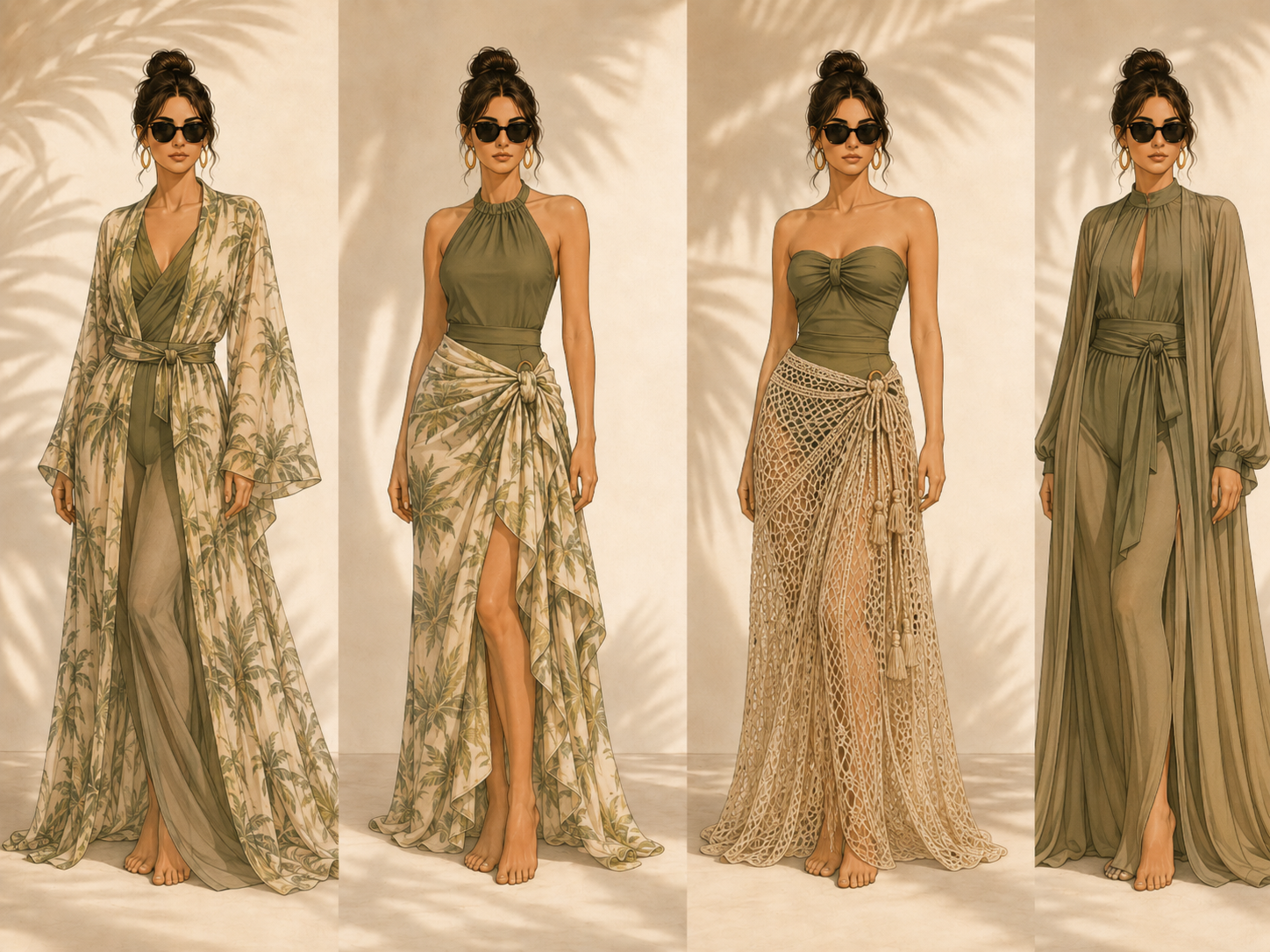 Four women modeling beachwear and summer outfits with sunglasses against a background with palm shadows.