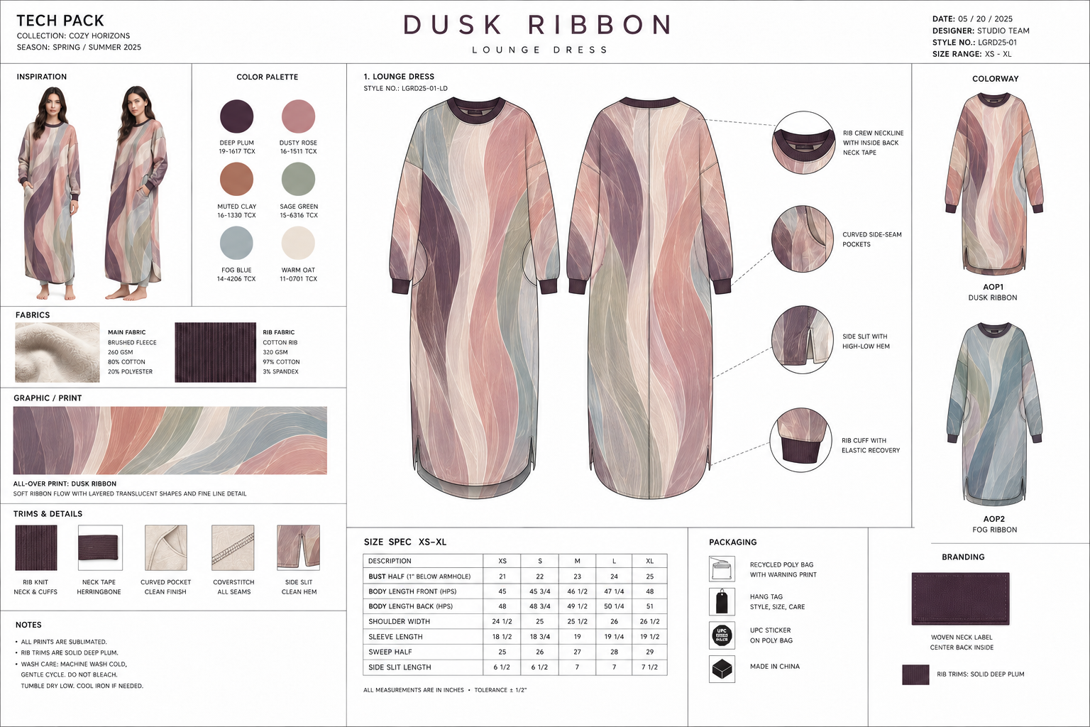Design sheet for Dusk Ribbon lounge dress from the Cozy Horizons collection, Spring/Summer 2025. Features color palette, fabric details, dress design with front and back views, and specifications for XS to XL sizes.