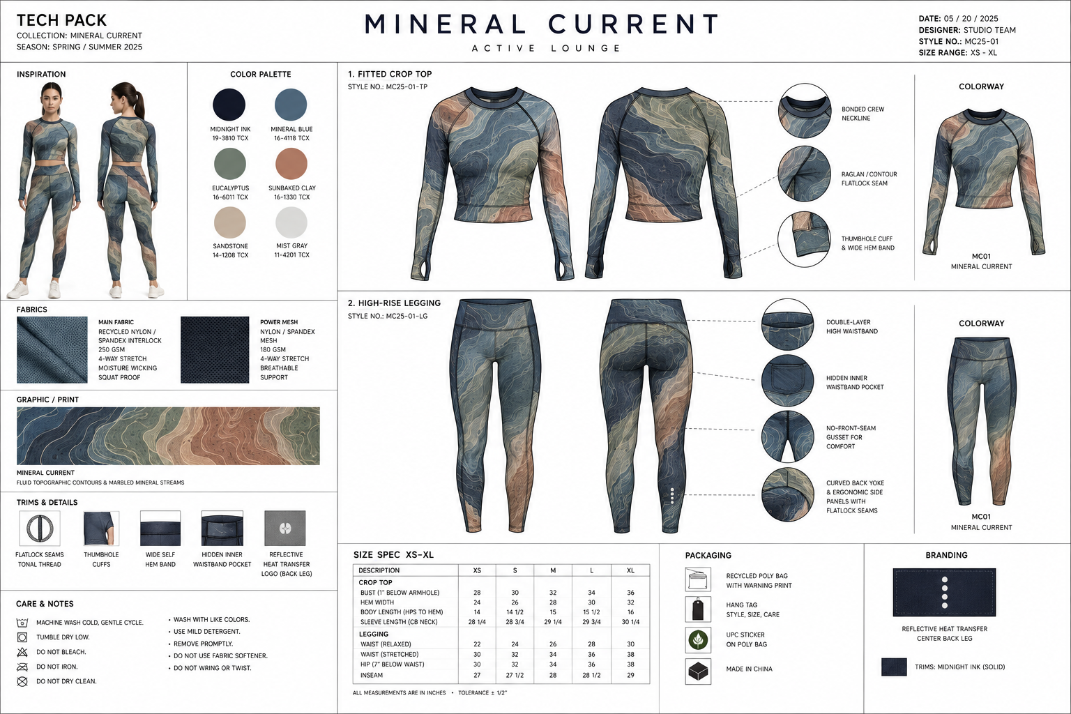 Design sheet for Mineral Current active lounge activewear collection, Spring/Summer 2025, featuring fitted crop top and high-rise leggings with abstract mineral stream graphic print in muted blue, gray, and tan tones. Includes fabric details, color p