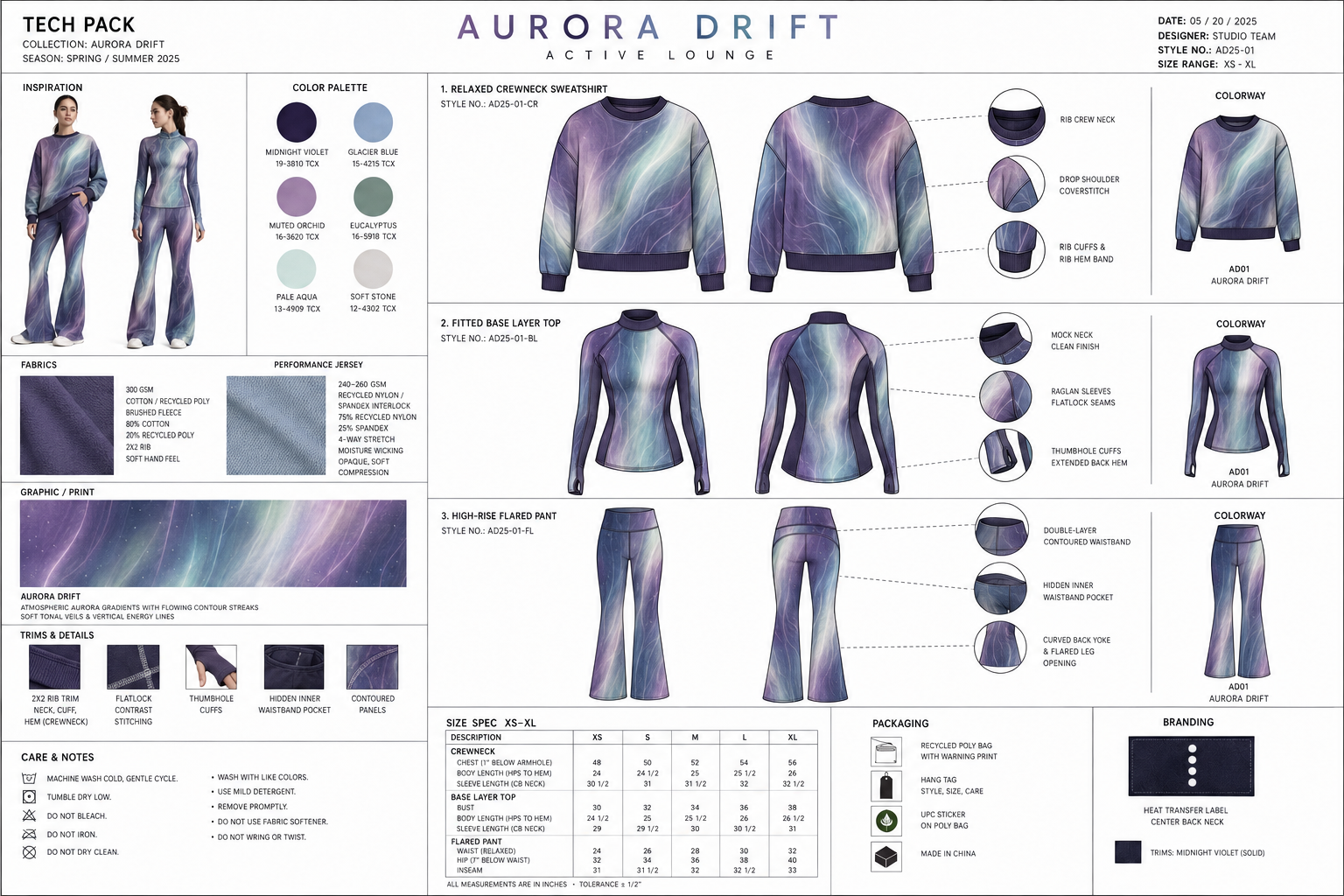 Design sheet for Aurora Drift activewear collection, spring/summer 2025, featuring relaxed crewneck sweatshirt, fitted base layer top, and flare pants with a cosmic aurora gradient pattern in purple, blue, and green tones. Includes fabric details, tr