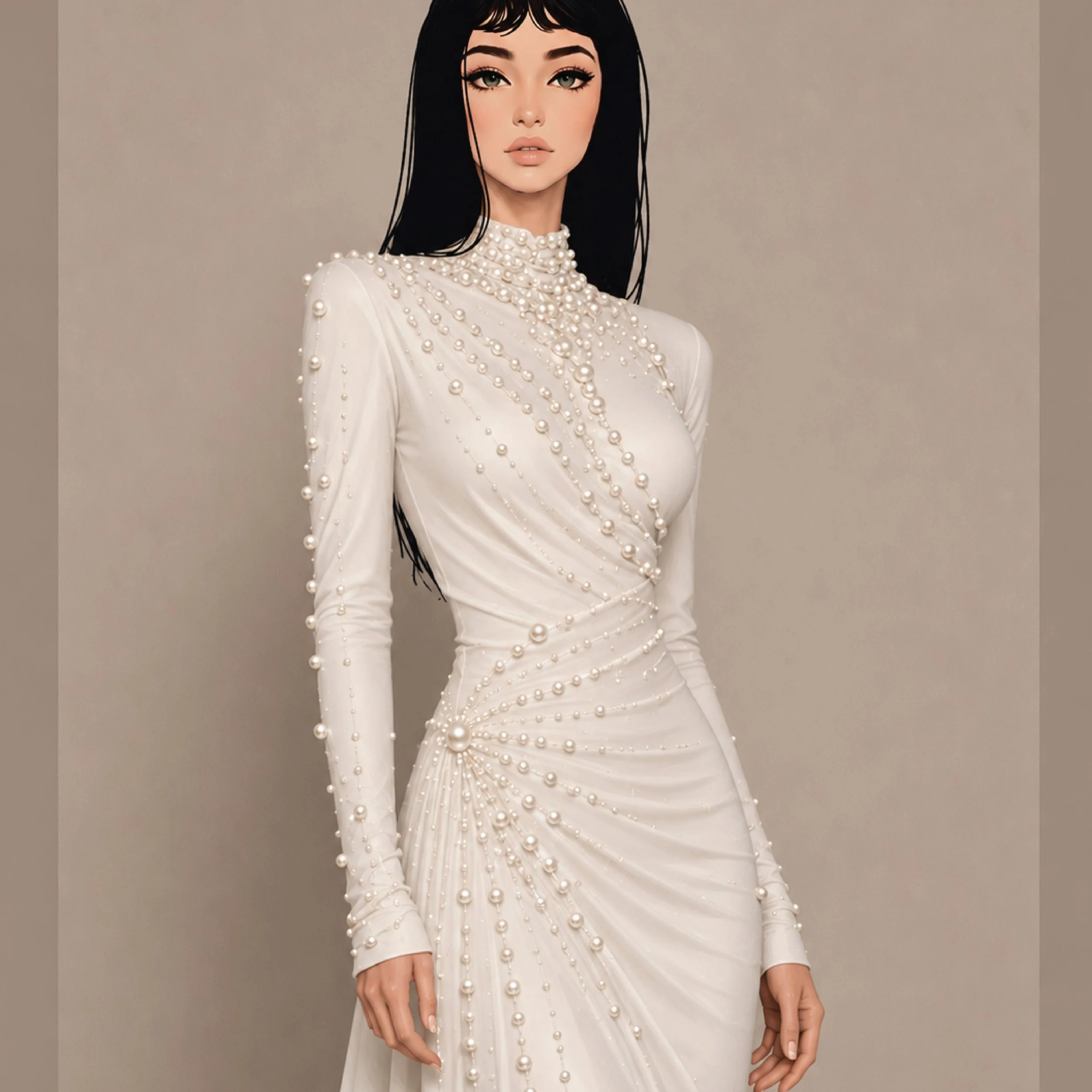 A digital illustration of a woman with long black hair, wearing a white dress adorned with pearls, against a neutral background.