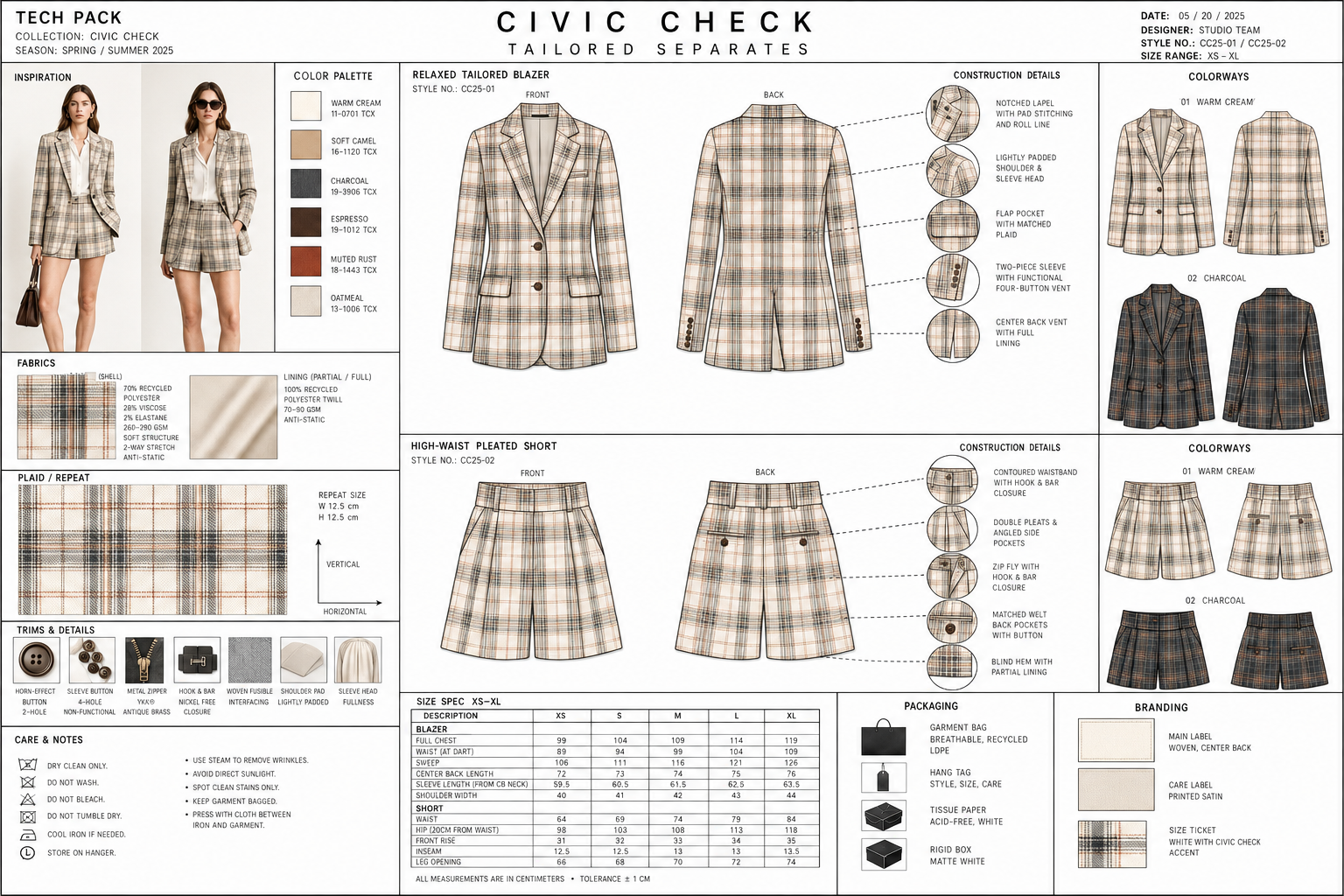 Technical clothing design sheet for a women's tailored blazer and high-waist pleated shorts, showing fabric details, color options, construction features, and styling images, with measurements and packaging info.