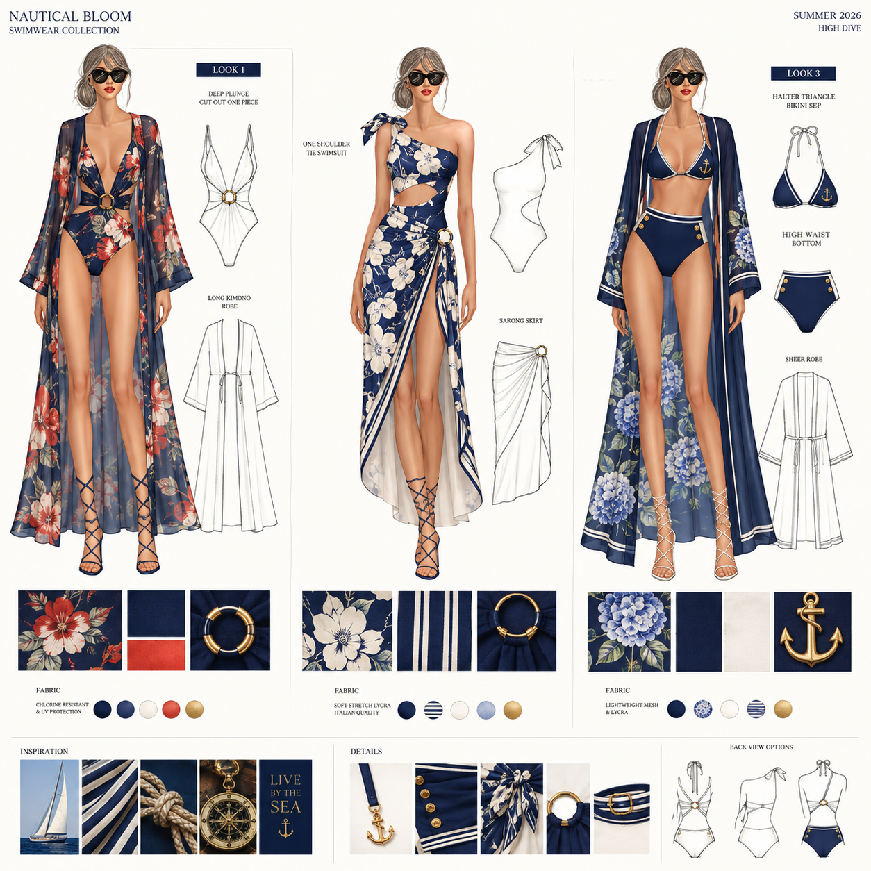 Fashion illustration sheet for Nautical Bloom Swimwear Collection Summer 2026 High Dive, featuring three models in navy and floral swimwear and cover-ups. The left model wears a floral deep plunge bikini with a matching kimono robe, the middle model 