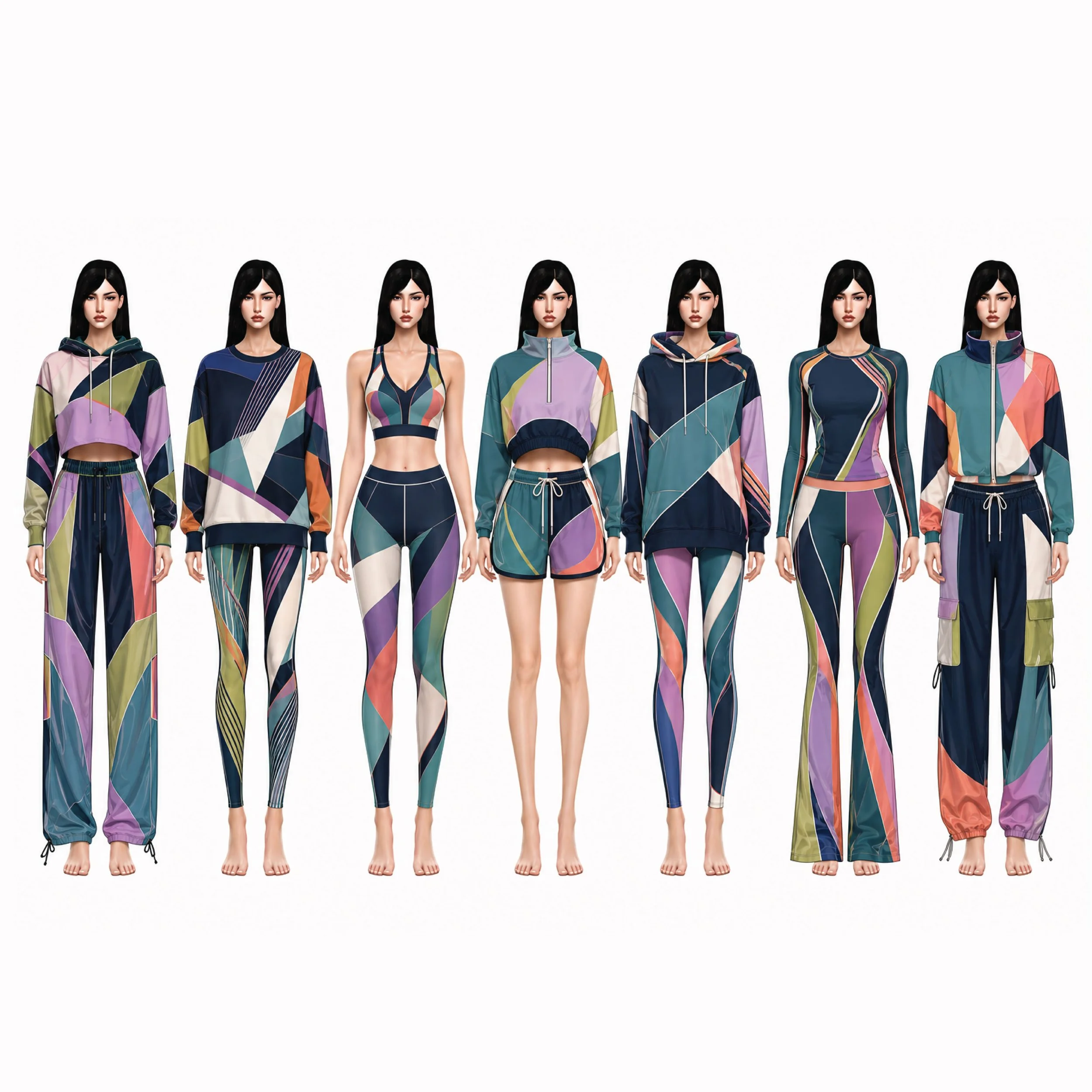 Nine digital illustrations of female figures wearing various modern, colorful outfits, arranged in three groups on backgrounds of different colors.
