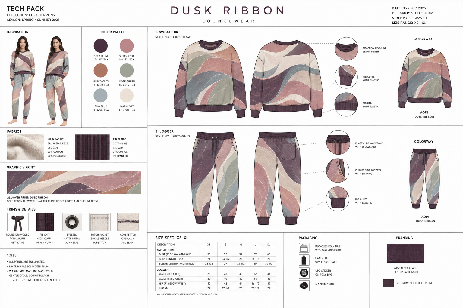Fashion design sheet for Dusk Ribbon loungewear in a colorful, abstract, swirled graphic print with shades of plum, pink, green, and blue. It features sweatshirt and jogger styles with details on fabric, trims, and construction.