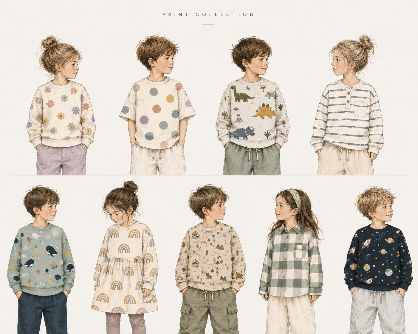 A collage showcasing a boy dressed in cozy earth-tone clothing, alongside various children wearing casual outfits with earth tone colors and simple prints, set against natural and neutral backgrounds indicating a fall or autumn theme.