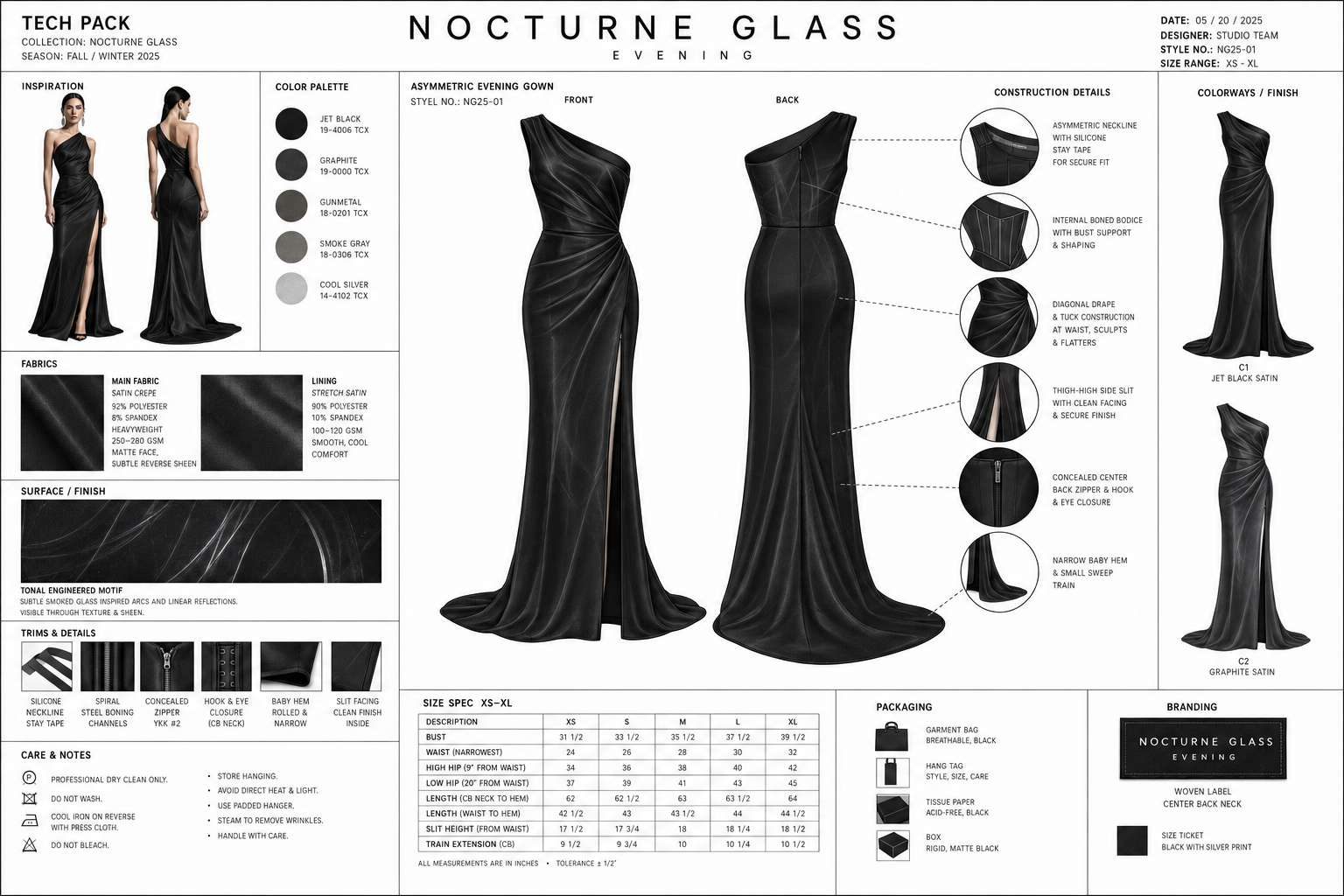 Technical design sheet for a black evening gown named C1 Jet Black Satin, from the Nocturne Glass collection, featuring front and back views, construction details, fabric specifications, color palette, and sizing information.