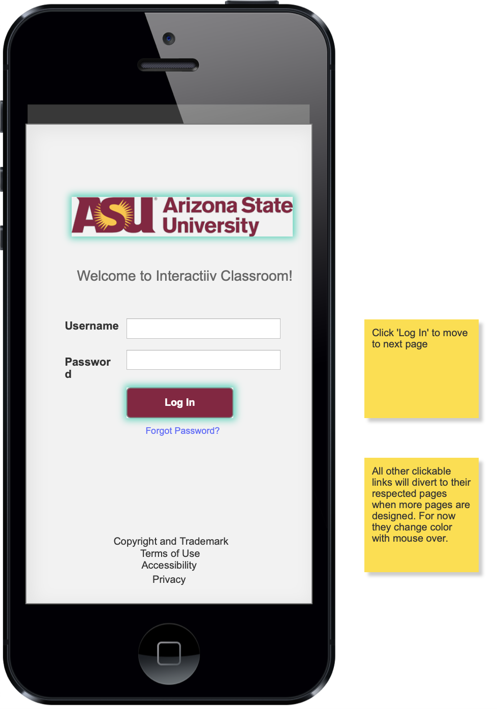 Smartphone screen displaying the Arizona State University login page for the Interactiv Classroom, with instructions on yellow sticky notes.
