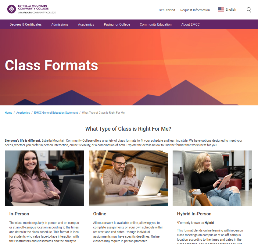 Screenshot of Estrella Mountain Community College's website page titled 'Class Formats' showing options for In-Person, Online, and Hybrid In-Person classes with images of students and a lecturer.