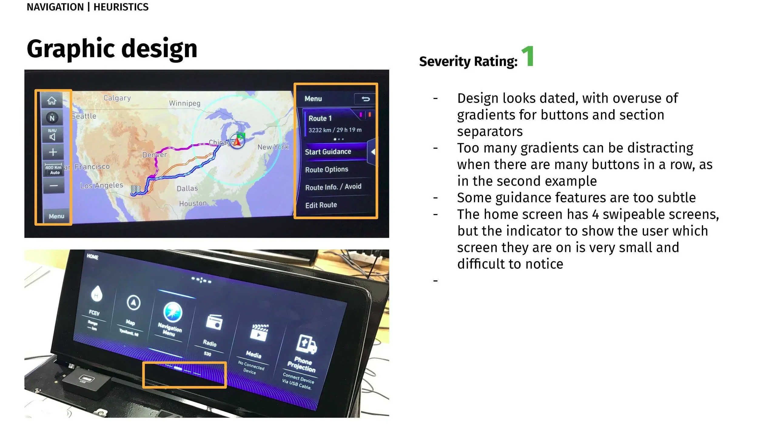A computer screen displaying a navigation map with route lines marked in pink, purple, and orange, and a menu on the right side with options for route guidance. The background map shows the United States with cities like Chicago, Denver, and Los Angeles. Another screen below shows a menu with apps like Map, Navigation, Radio, and Media.