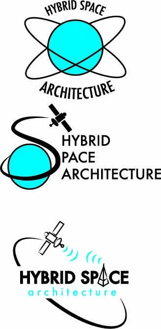 A graphic with three different stylized logos for 'Hybrid Space Architecture'. The first features a blue sphere with orbiting lines and text curved around it. The second shows a blue sphere with a satellite orbiting it and the words 'Hybrid Space Architecture'. The third depicts a satellite sending signals to a blue sphere with the text 'Hybrid Space Architecture' and an orbiting line.