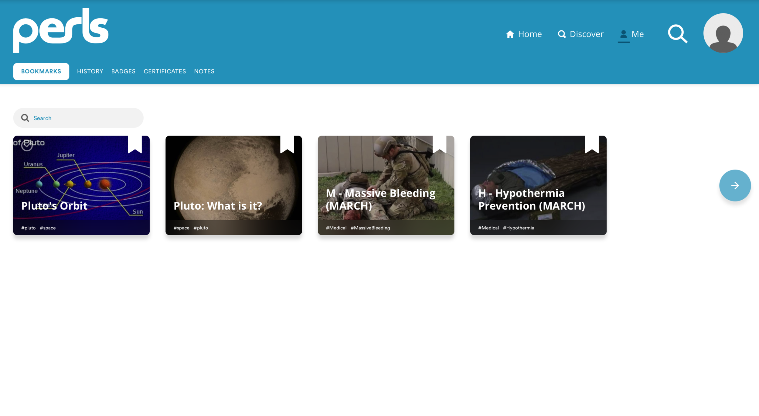 Screenshot of a website or app with a blue header showing the logo 'pers' and menu options for Bookmarks, History, Badges, Certificates, Notes. Below the header, a search bar and several thumbnail images for topics including planets, Pluto, and medical conditions like massive bleeding and hypothermia.