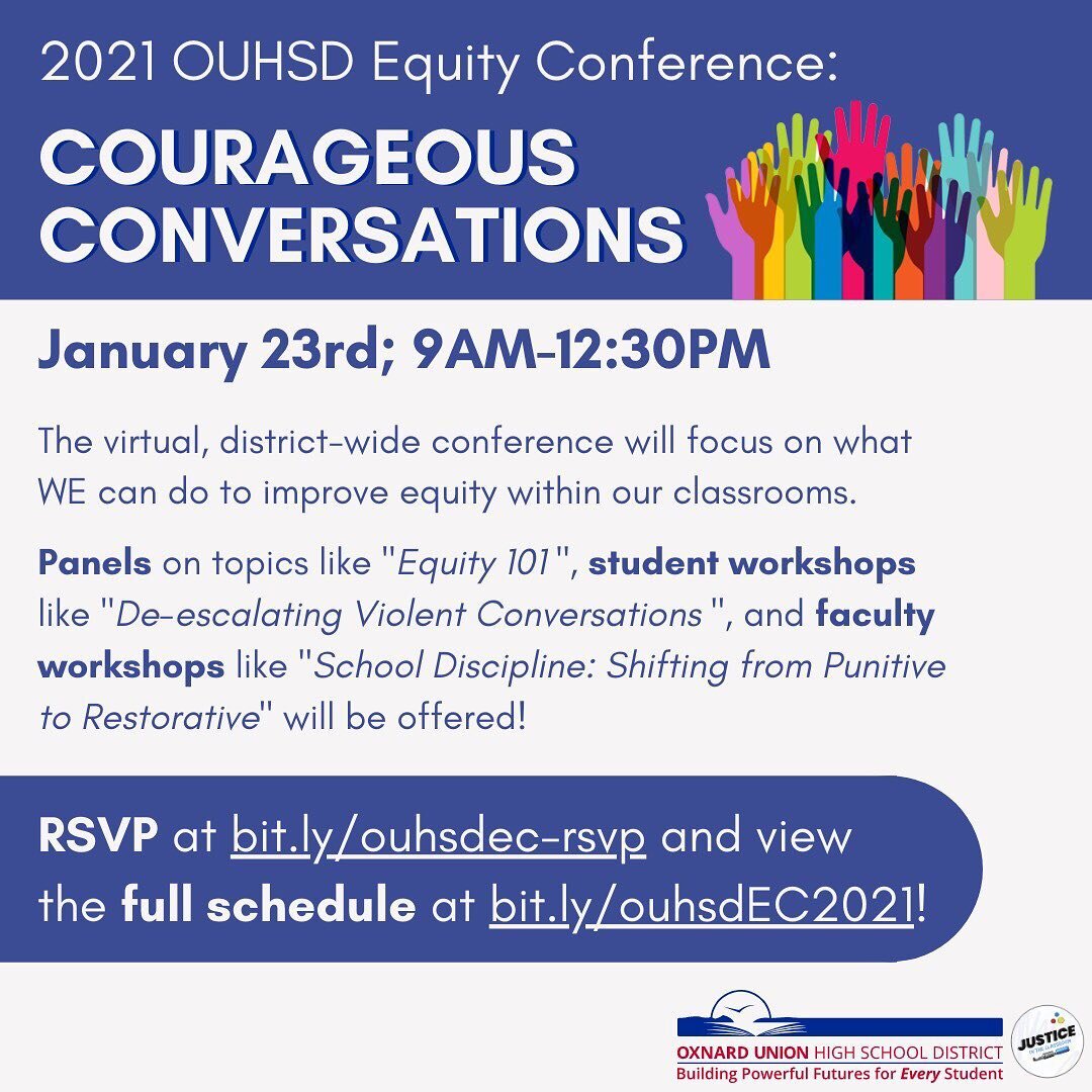 Interested in learning about how to improve equity in the classroom? Check the links in our bio to register NOW for the 2021 OUHSD Equity Conference happening on the 23rd! Event specifically features OUHSD students and staff, but all are welcome to j