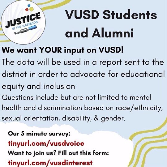 CALLING ALL VUSD STUDENTS AND ALUMNI:

Please take a couple minutes to fill out the anonymous survey in our bio that will give our VUSD team data regarding racism and equity within the district. If you&rsquo;re interested in advocating for educationa