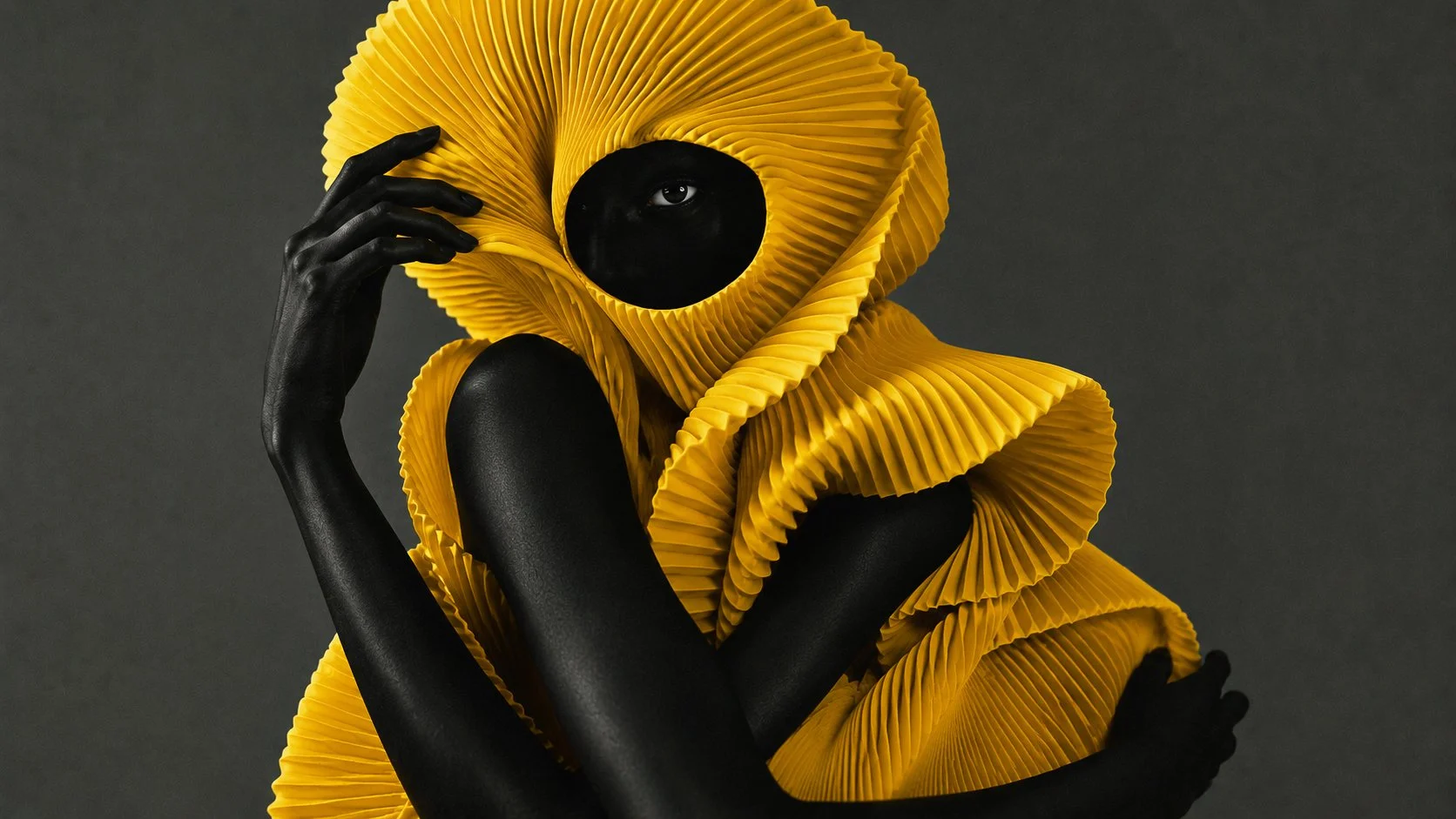 A model with entirely black skin wearing an avant-garde yellow pleated garment that covers the head and shoulders, with a large black circular opening revealing one eye.