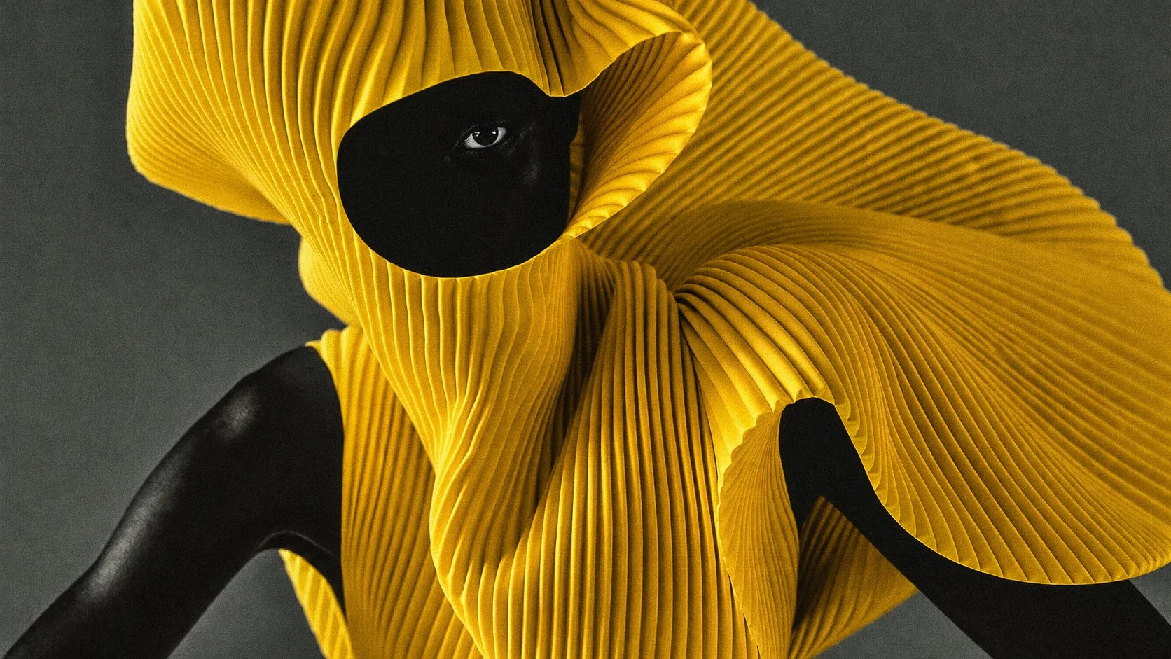 A person with dark skin, partially obscured face, and piercing eyes, dressed in a striking yellow, pleated, sculptural outfit that covers the head and shoulders, against a dark background.