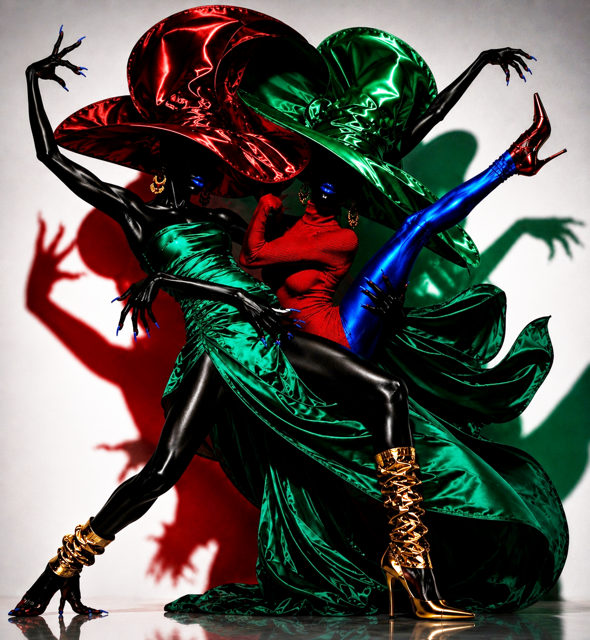 Three models dressed in shiny costumes and large hats, with dramatic poses and contrasting shadows against a plain background.