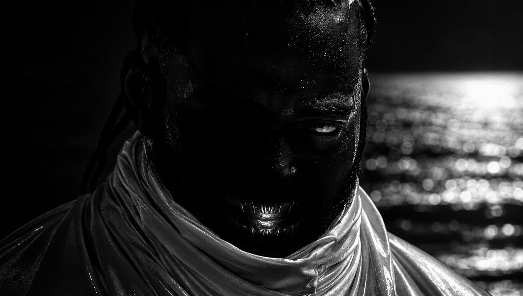 A close-up black and white photo of a woman with water or sweat on her face, wearing a shiny garment, with the water and sunlight reflecting on the surface behind her.