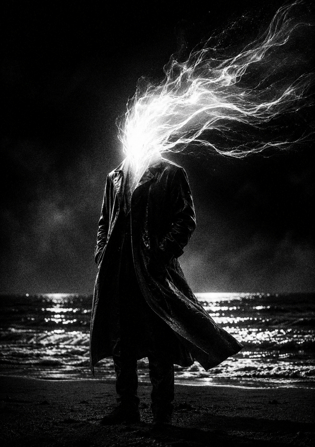 A person wearing a trench coat stands on a beach at night with a bright light illuminating their face and an artistic effect resembling lightning emanating from their head.