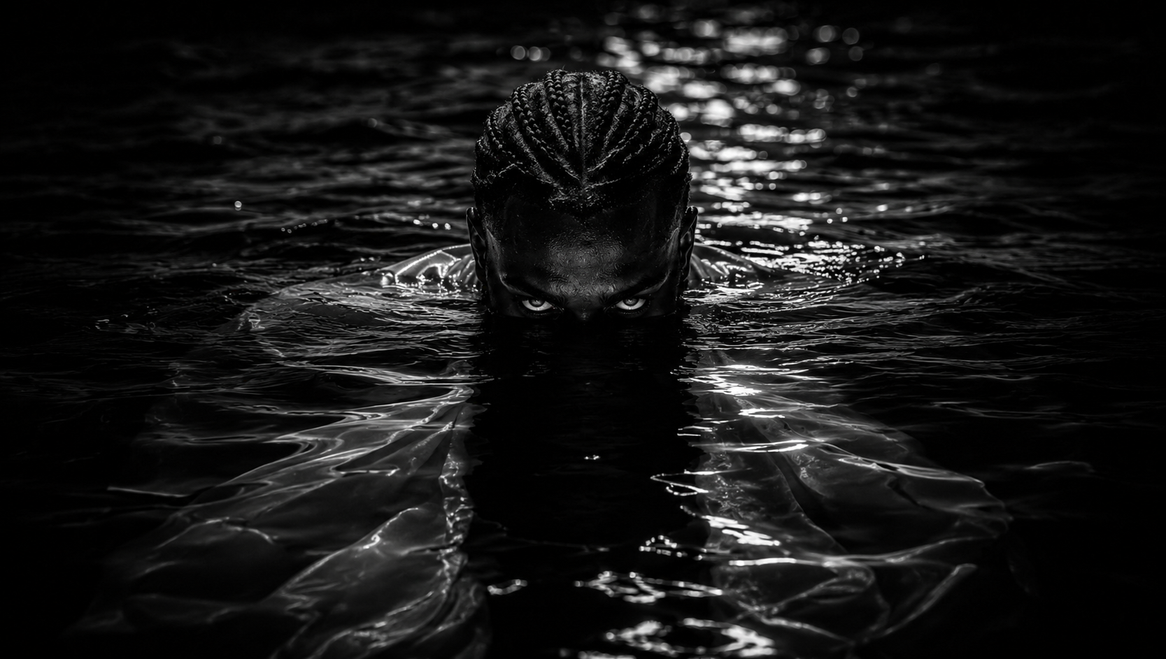 A person with braided hair swimming in dark water, looking intensely at the camera with their face partially submerged.