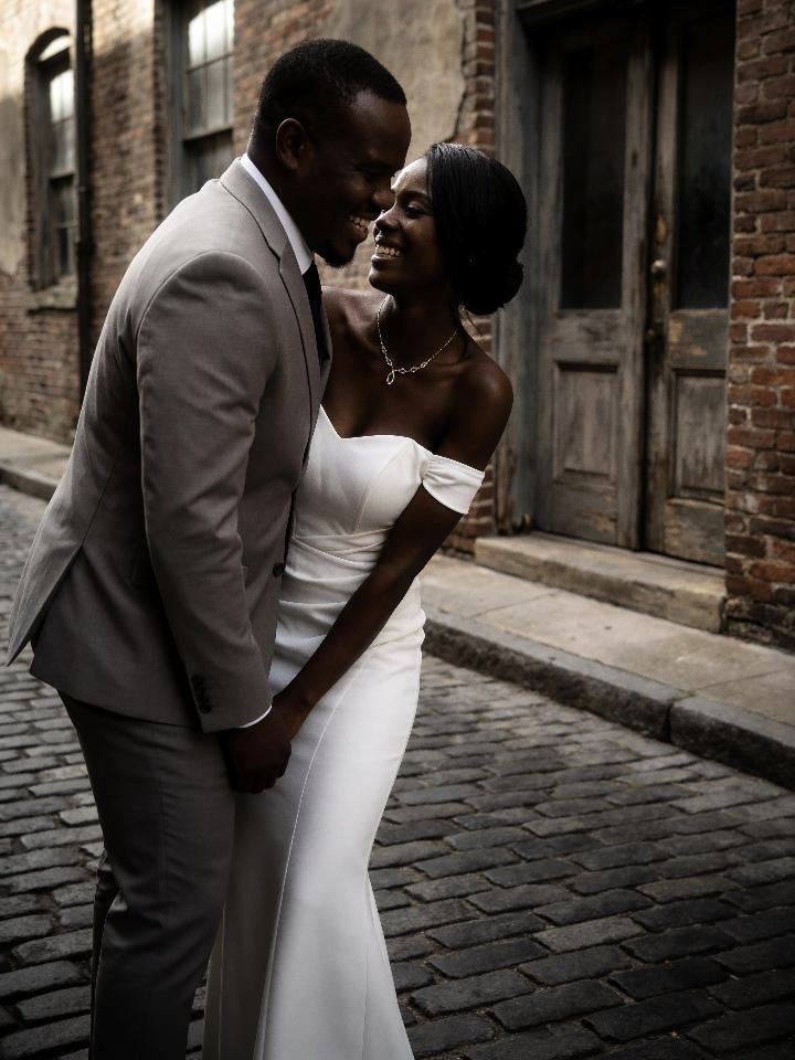 A bride and groom sharing a happy moment on a cobblestone street, with brick buildings in the background.