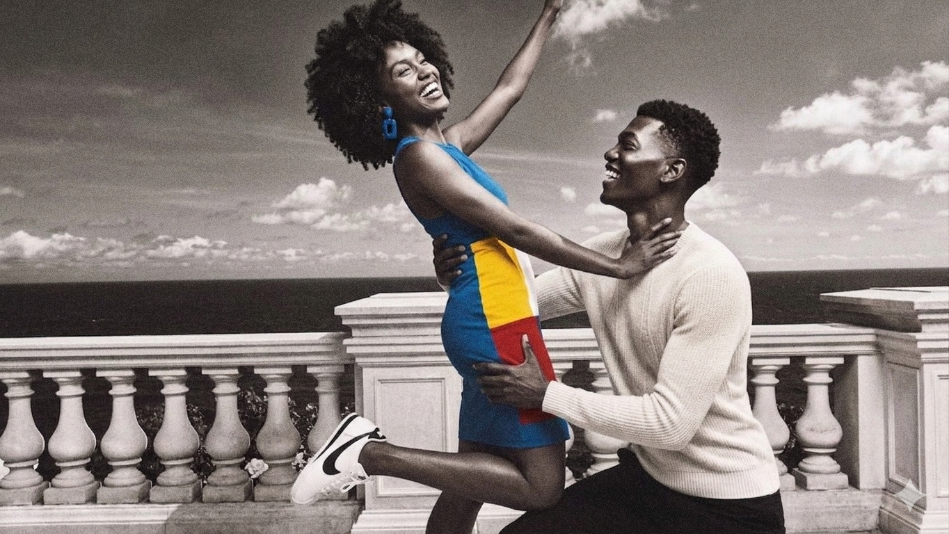 A joyful couple on a balcony with a cloudy sky in the background, the woman wearing a colorful athletic dress and the man in a light sweater, both smiling and embracing each other.